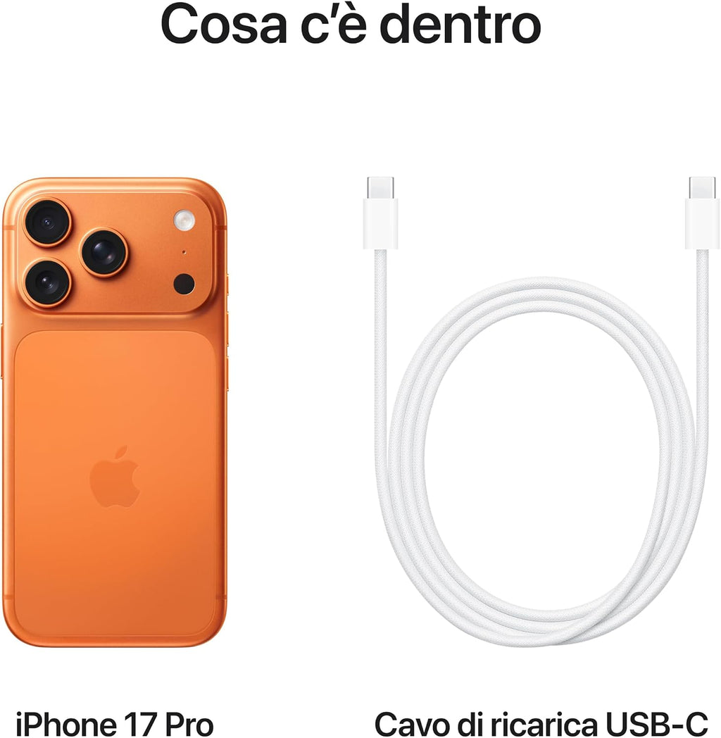 Apple iPhone 17 Pro 256 GB: display 6,3", ProMotion fino a 120Hz, chip A19 Pro, autonomia senza precedenti, sistema di fotocamere Pro Fusion con fotocamera frontale Center Stage; Arancione cosmico
