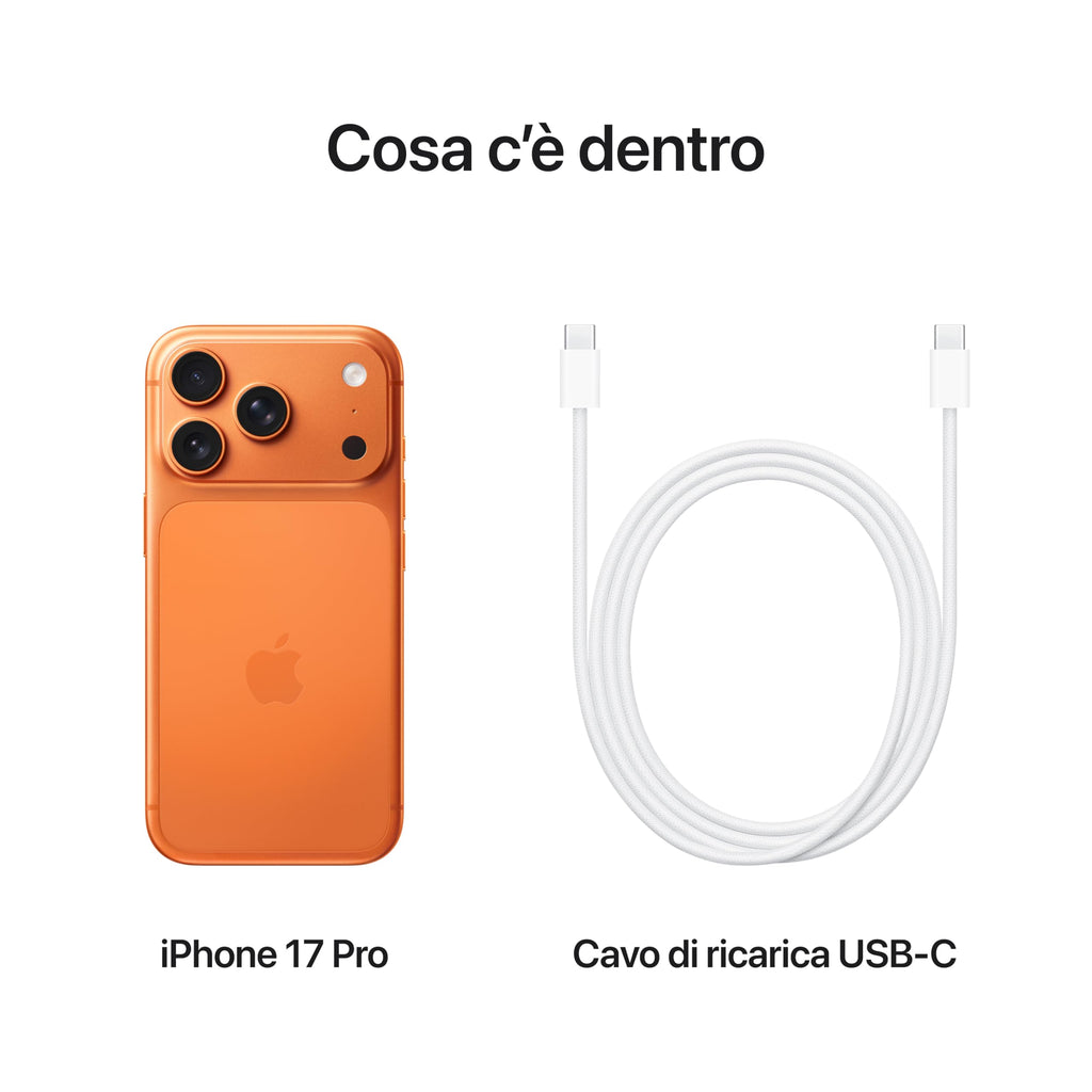 Apple iPhone 17 Pro 256 GB: display 6,3", ProMotion fino a 120Hz, chip A19 Pro, autonomia senza precedenti, sistema di fotocamere Pro Fusion con fotocamera frontale Center Stage; Arancione cosmico