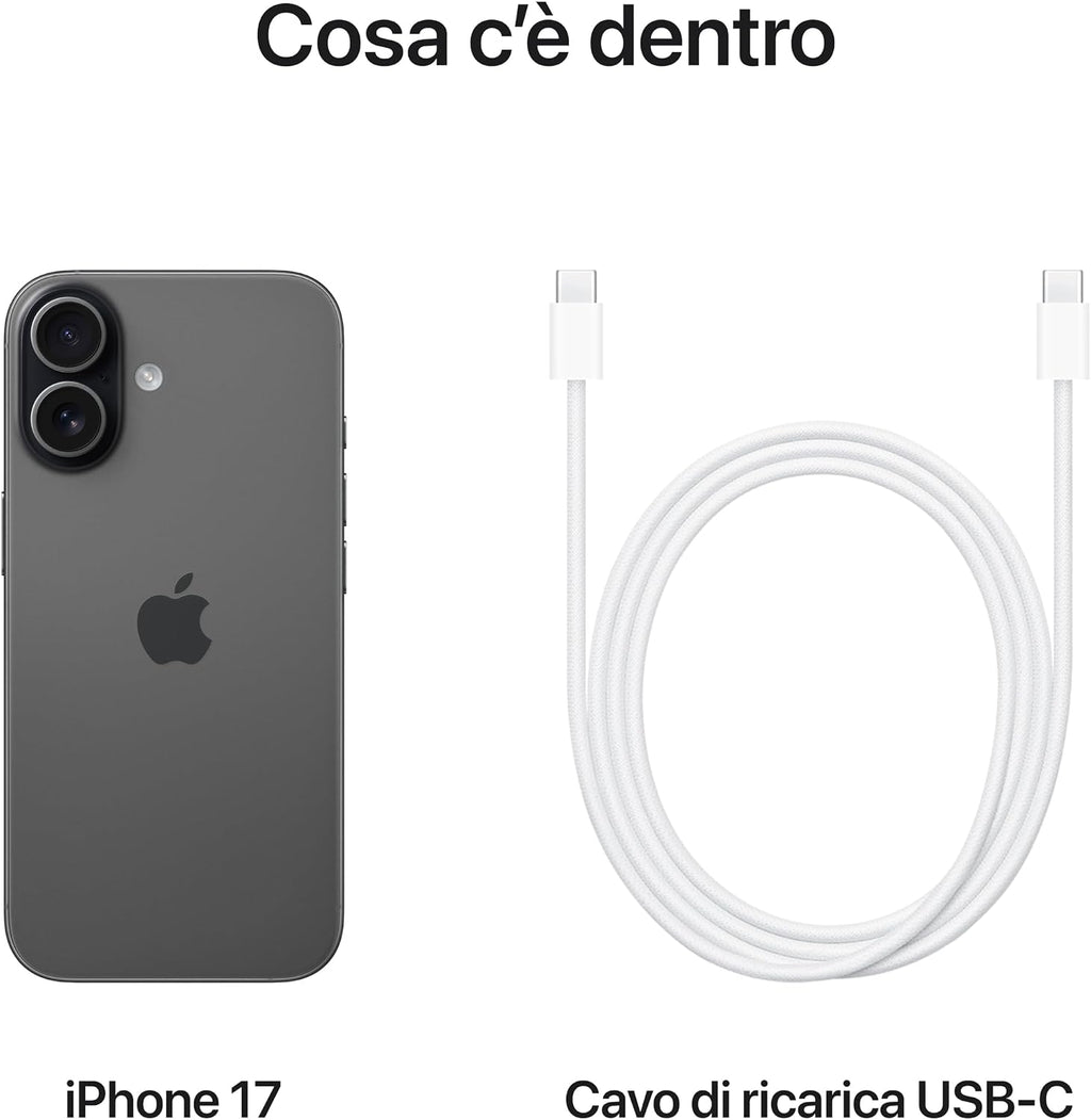 Apple iPhone 17 256 GB: display 6,3" con ProMotion, chip A19, fotocamera frontale Center Stage per selfie di gruppo più facili, più resistenza ai graffi, un giorno intero di batteria; Nero