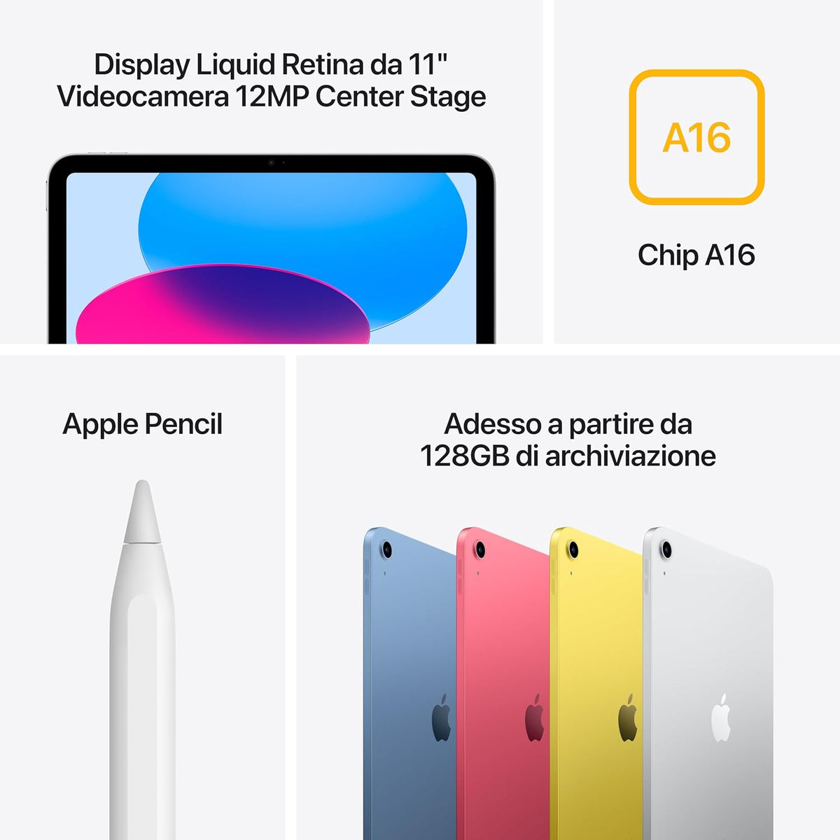 Apple iPad con chip A16: display Liquid etina da 11'', 128 GB, Wi Fi 6, fotocamera frontale e posteriore da 12MP,