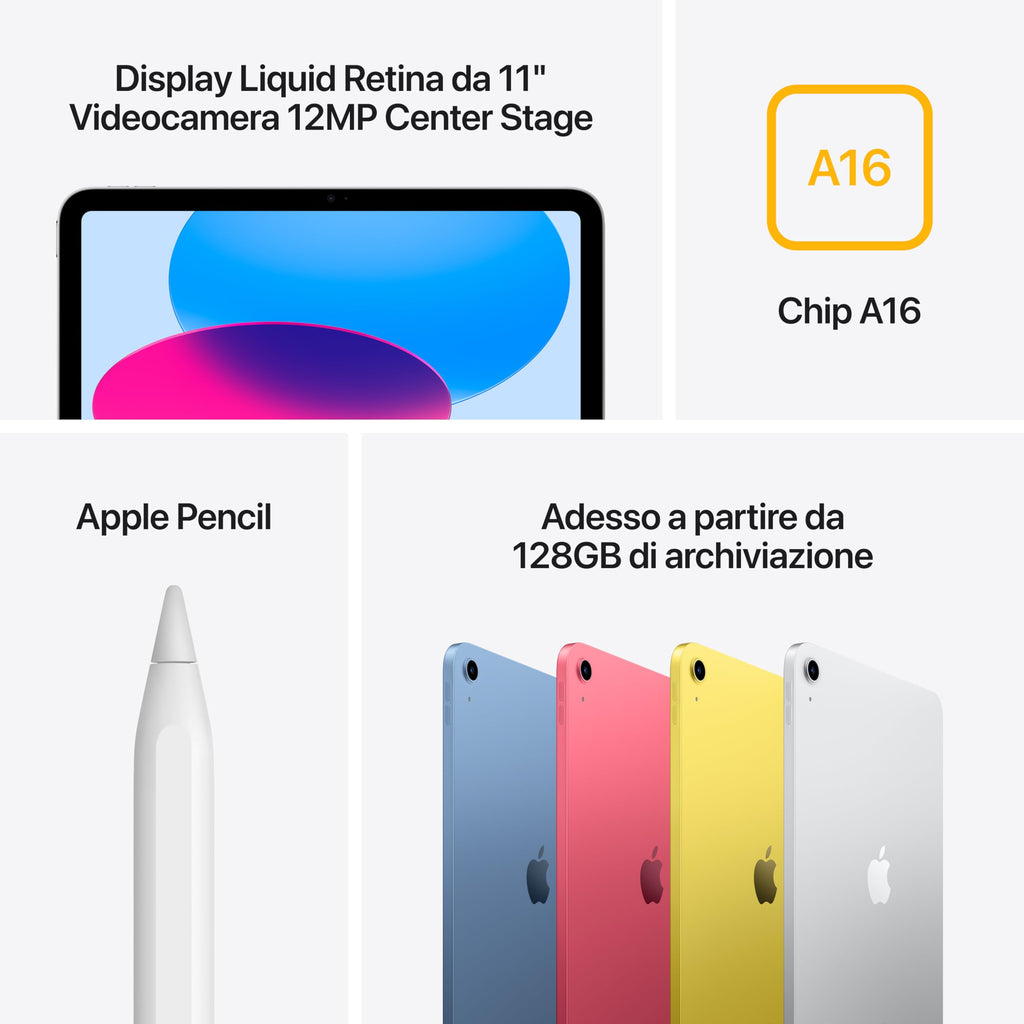 Apple iPad con chip A16: display Liquid etina da 11'', 128 GB, Wi Fi 6, fotocamera frontale e posteriore da 12MP,