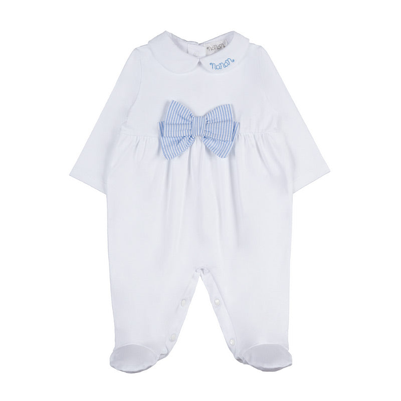 Tutina bianca con fiocco a righe azzurro