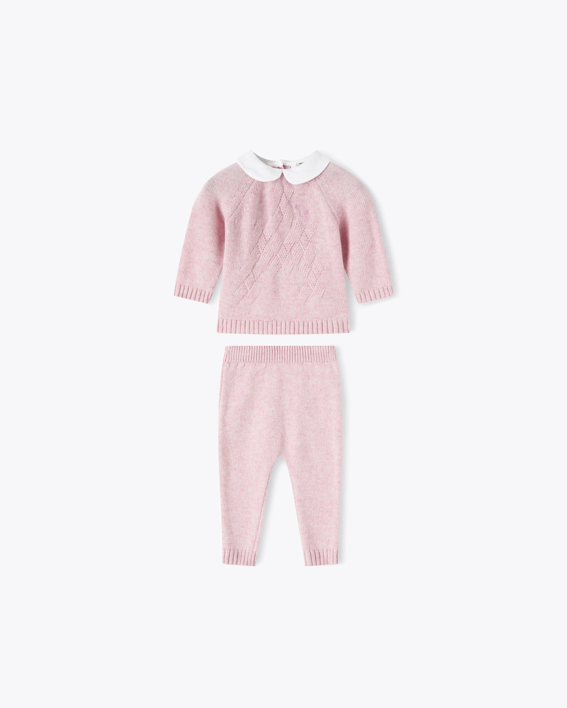 Tutina rosa 2 pezzi in filo misto cashmere con colletto