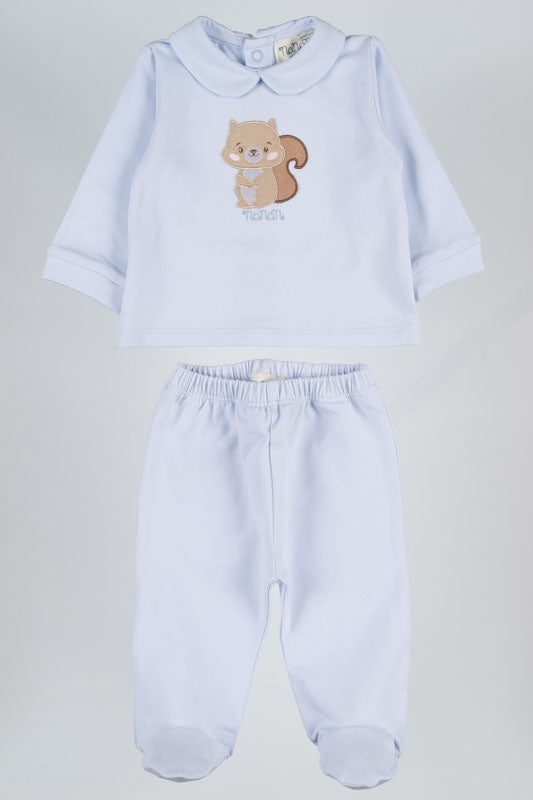 Tutina azzurra 2 pezzi in jersey con ricamo scoiattolo