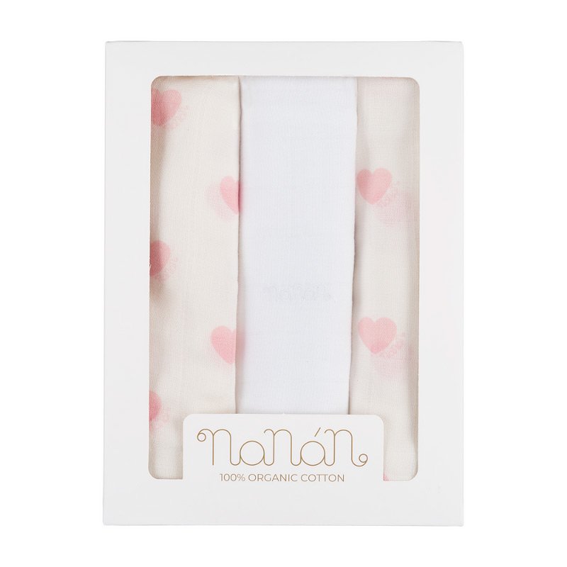 Set 3 pezzi mussola all over cuori 80x80 cm rosa