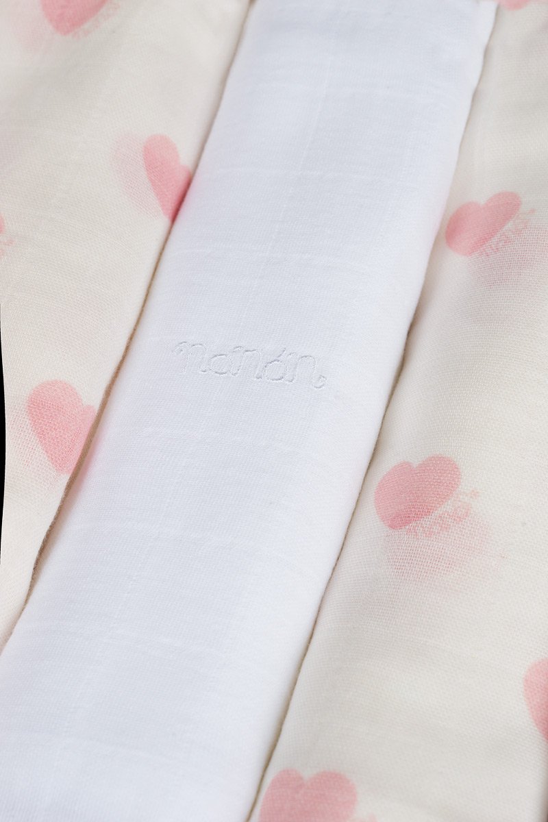 Set 3 pezzi mussola all over cuori 80x80 cm rosa