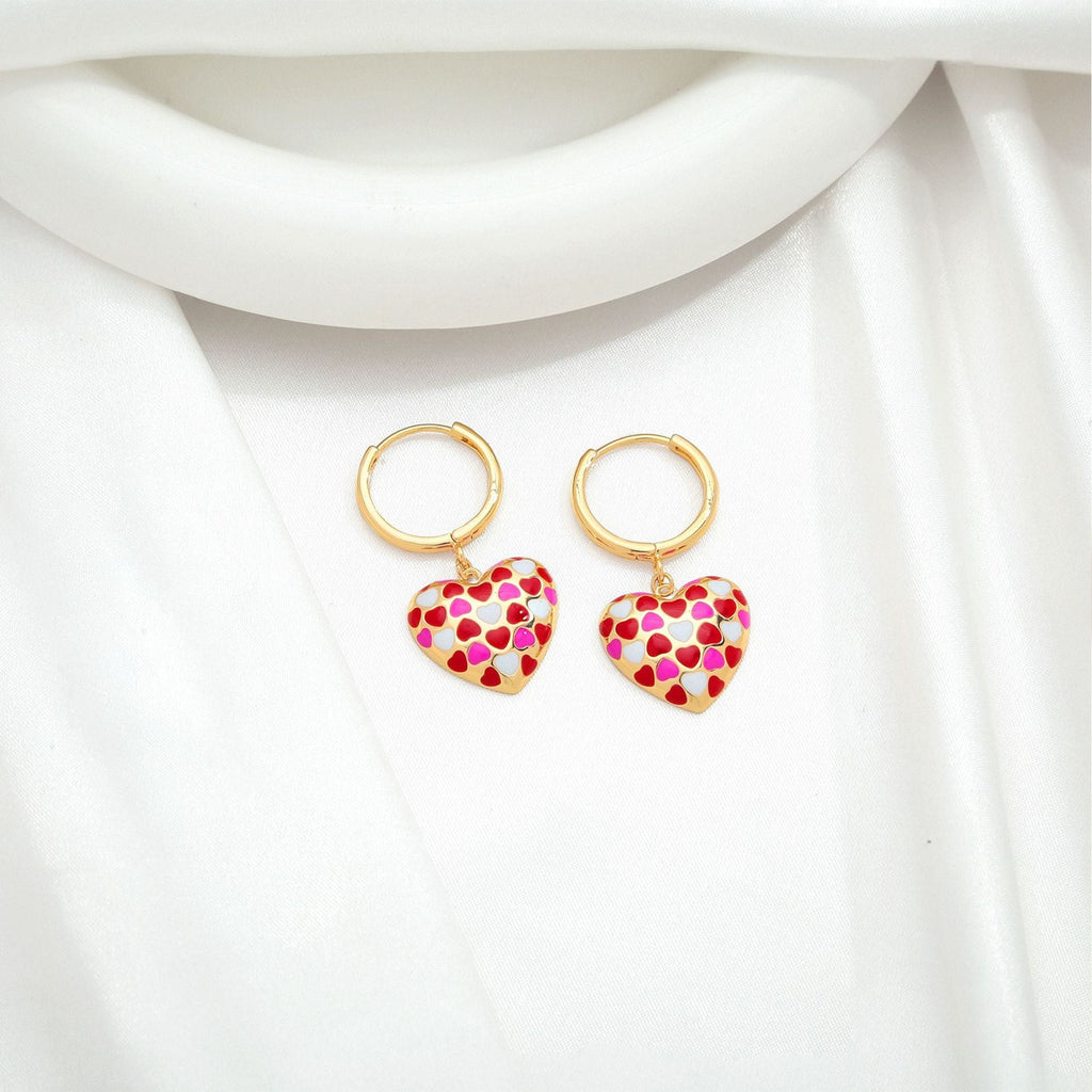 Temperament Love Earrings Cute Gold Plated Drip Oil Love Chessboard Three Dimensional Love Earrings