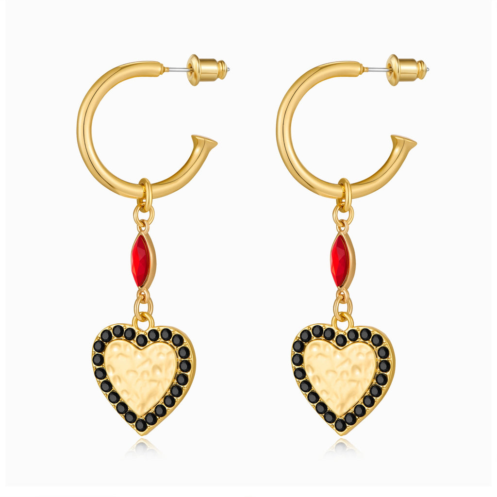 Retro black heart-shaped earrings, European and American minimalist red heart-shaped gold earrings, diamond studded high-end earrings