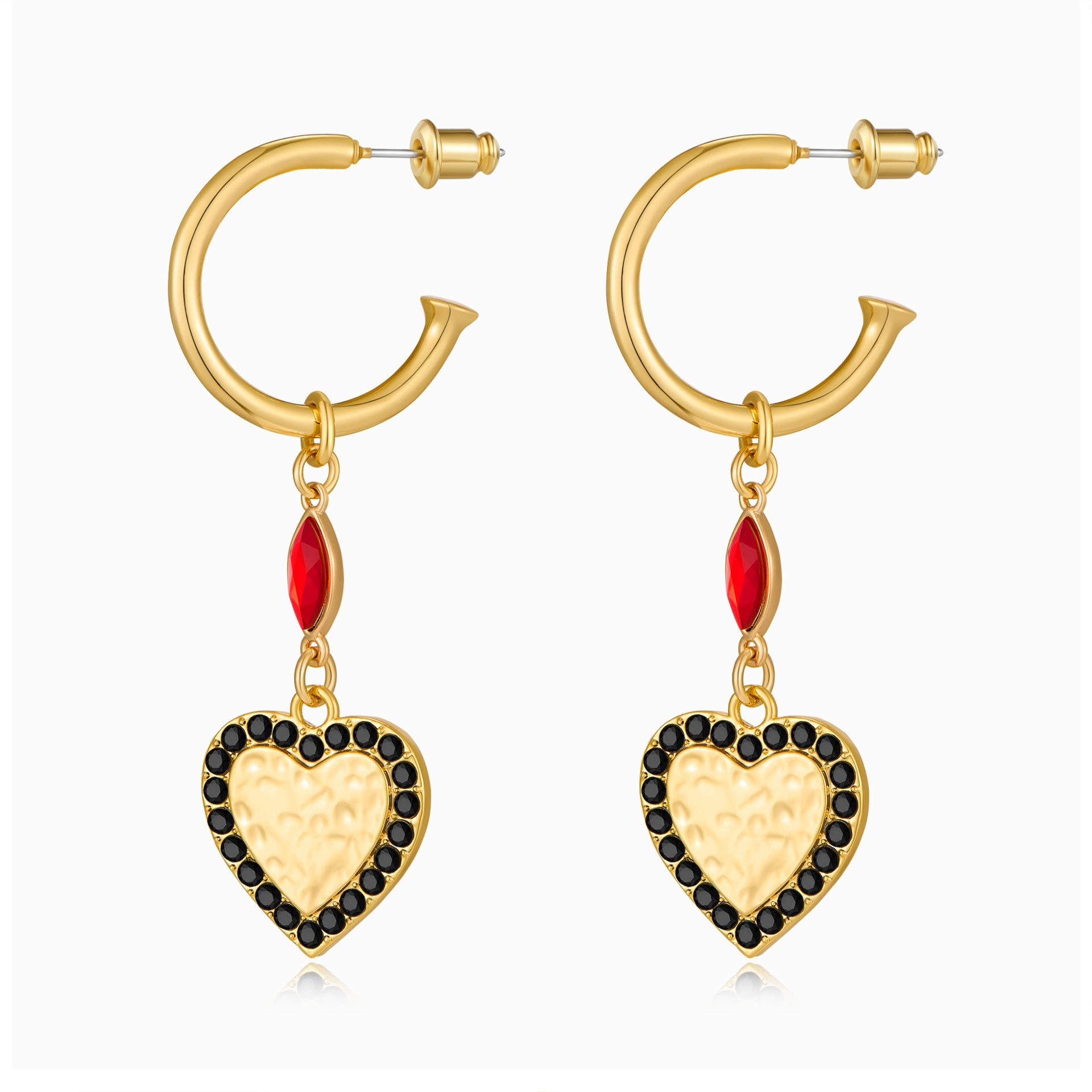 Retro black heart-shaped earrings, European and American minimalist red heart-shaped gold earrings, diamond studded high-end earrings