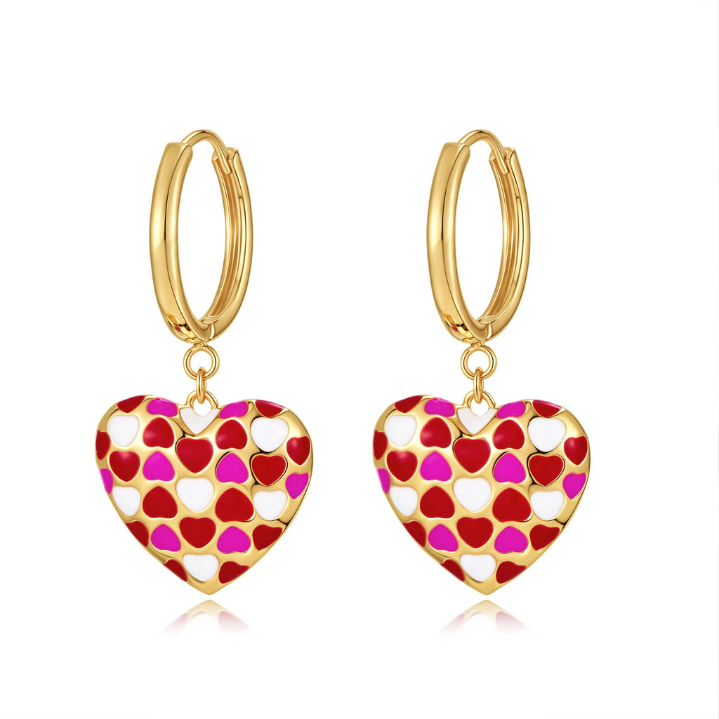 Temperament Love Earrings Cute Gold Plated Drip Oil Love Chessboard Three Dimensional Love Earrings