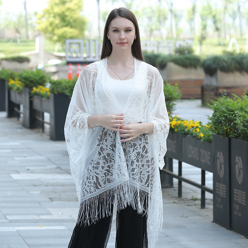 Lace fringed cardigan large shawl, sun protection shawl, women's evening dress cheongsam shawl, travel and vacation beach shawl