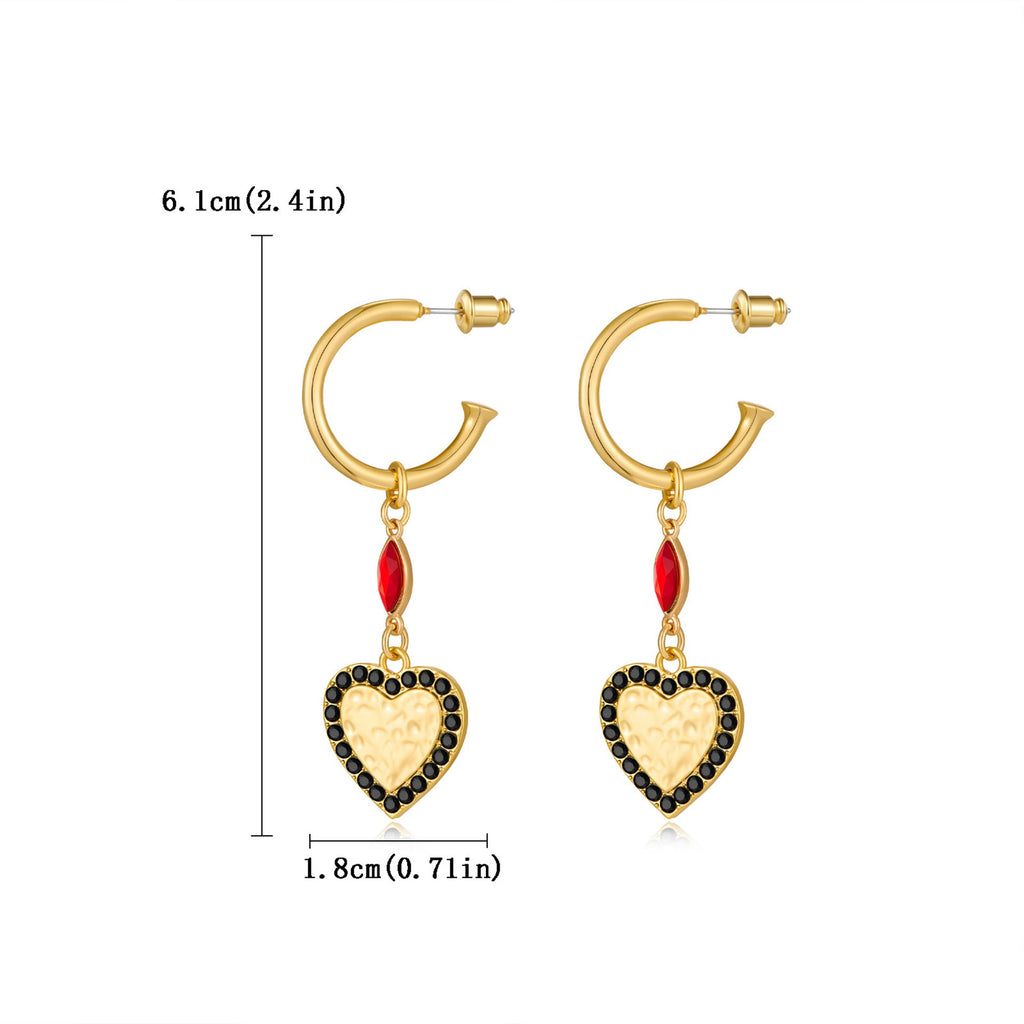 Retro black heart-shaped earrings, European and American minimalist red heart-shaped gold earrings, diamond studded high-end earrings