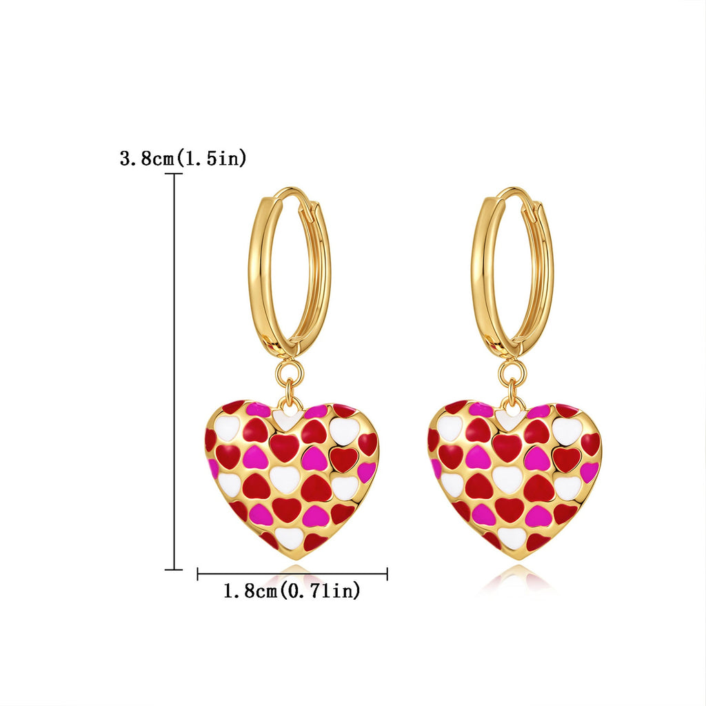 Temperament Love Earrings Cute Gold Plated Drip Oil Love Chessboard Three Dimensional Love Earrings