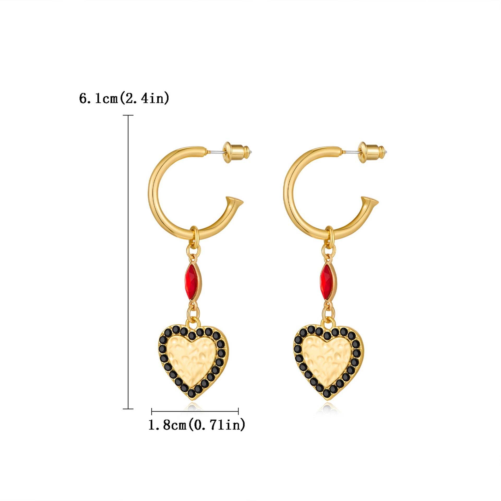 Retro black heart-shaped earrings, European and American minimalist red heart-shaped gold earrings, diamond studded high-end earrings