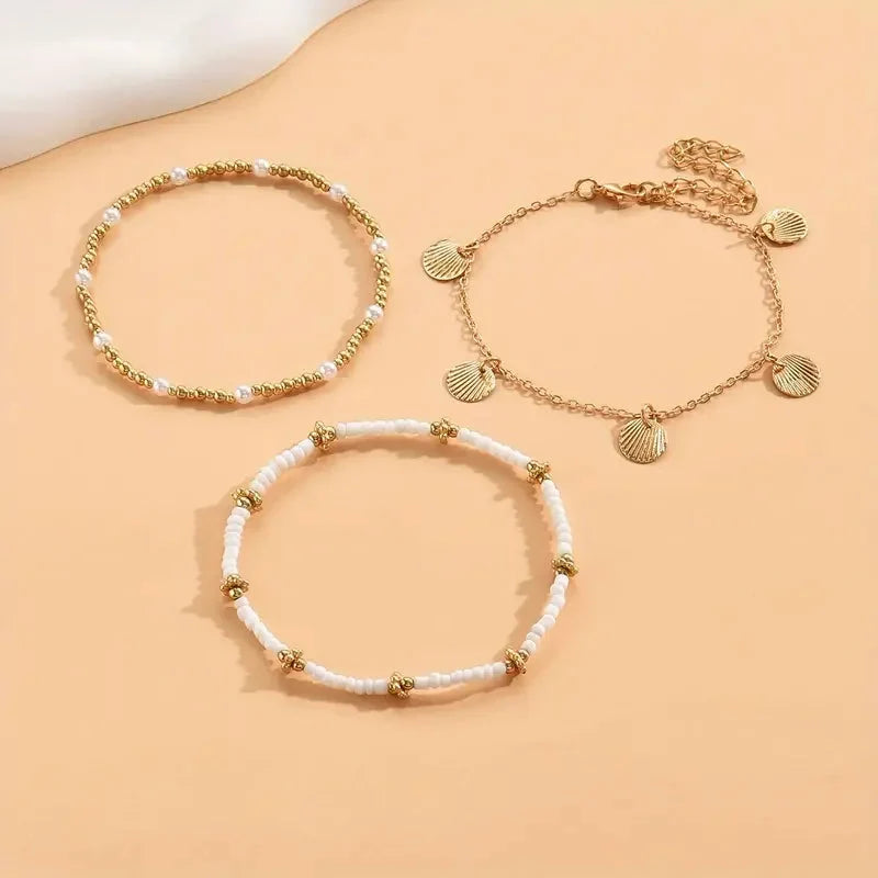 3pcs Retro Pearl Beads Anklet for Women Fashion Handmade Shell Butterfly On Foot Bracelet Bohemian Summer Beach Jewelry Gifts