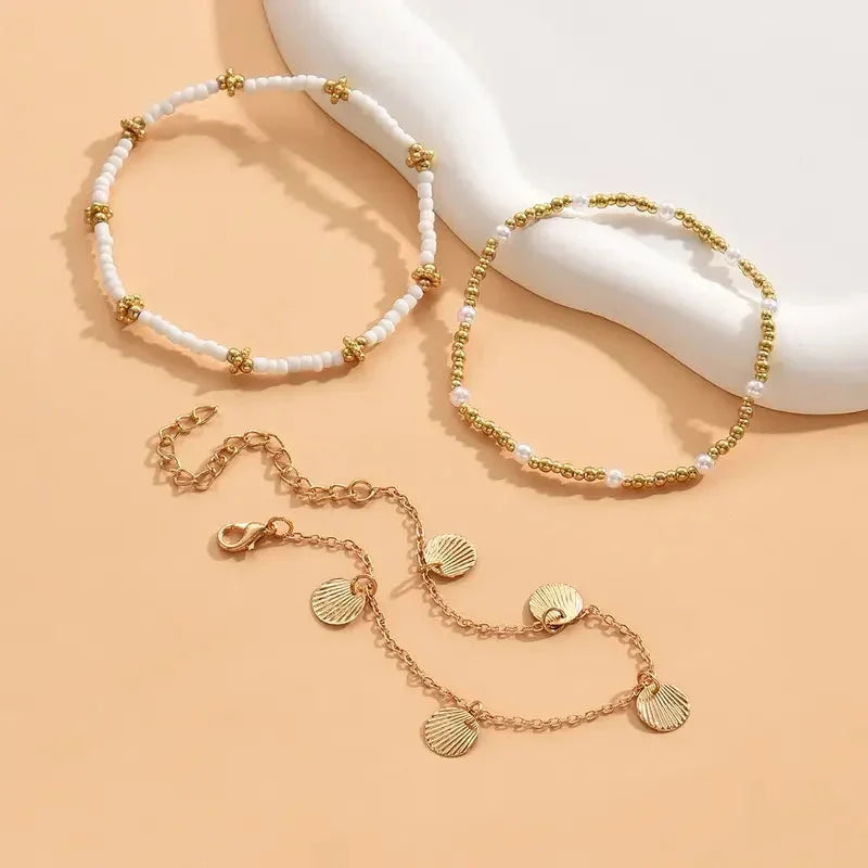 3pcs Retro Pearl Beads Anklet for Women Fashion Handmade Shell Butterfly On Foot Bracelet Bohemian Summer Beach Jewelry Gifts