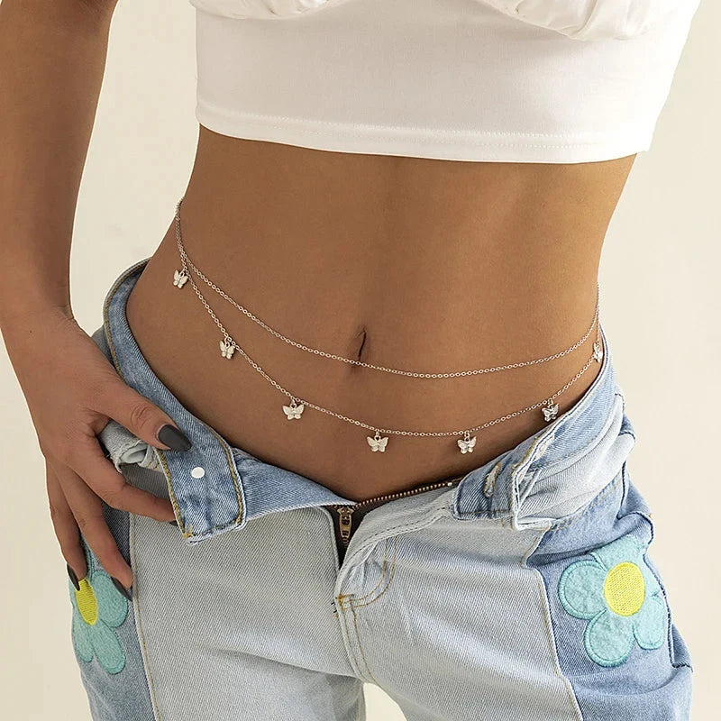 Sexy Double Thin Chain Women's Waist Chain Charming Butterfly Stainless Steel Belly Chain Summer Beach Bikini Body Jewelry