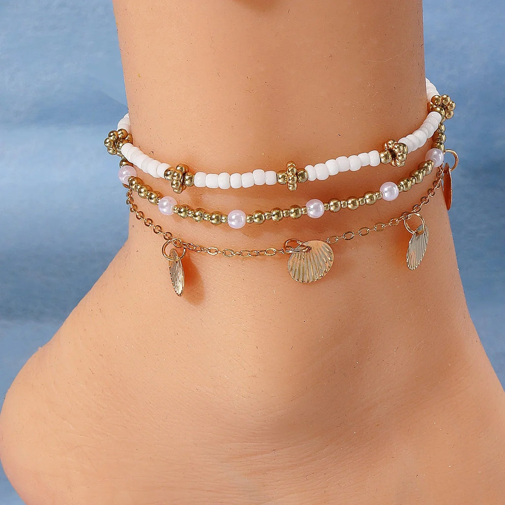 3pcs Retro Pearl Beads Anklet for Women Fashion Handmade Shell Butterfly On Foot Bracelet Bohemian Summer Beach Jewelry Gifts