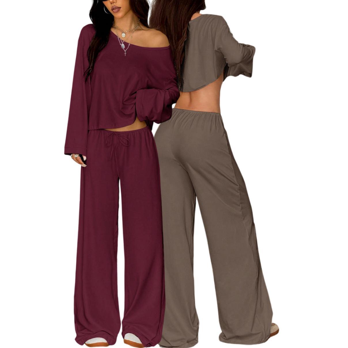 Womens Solid-Color Casual Off-the-Shoulder Long-Sleeve Pants