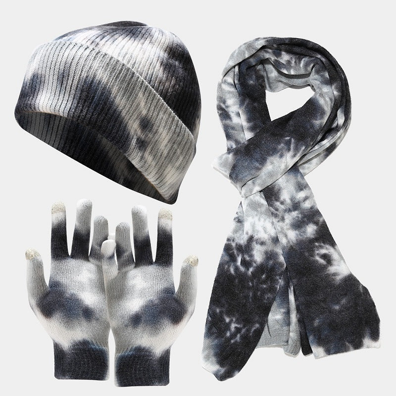 Tie-dye Knitted Hat Gloves Scarf Set Ladies
