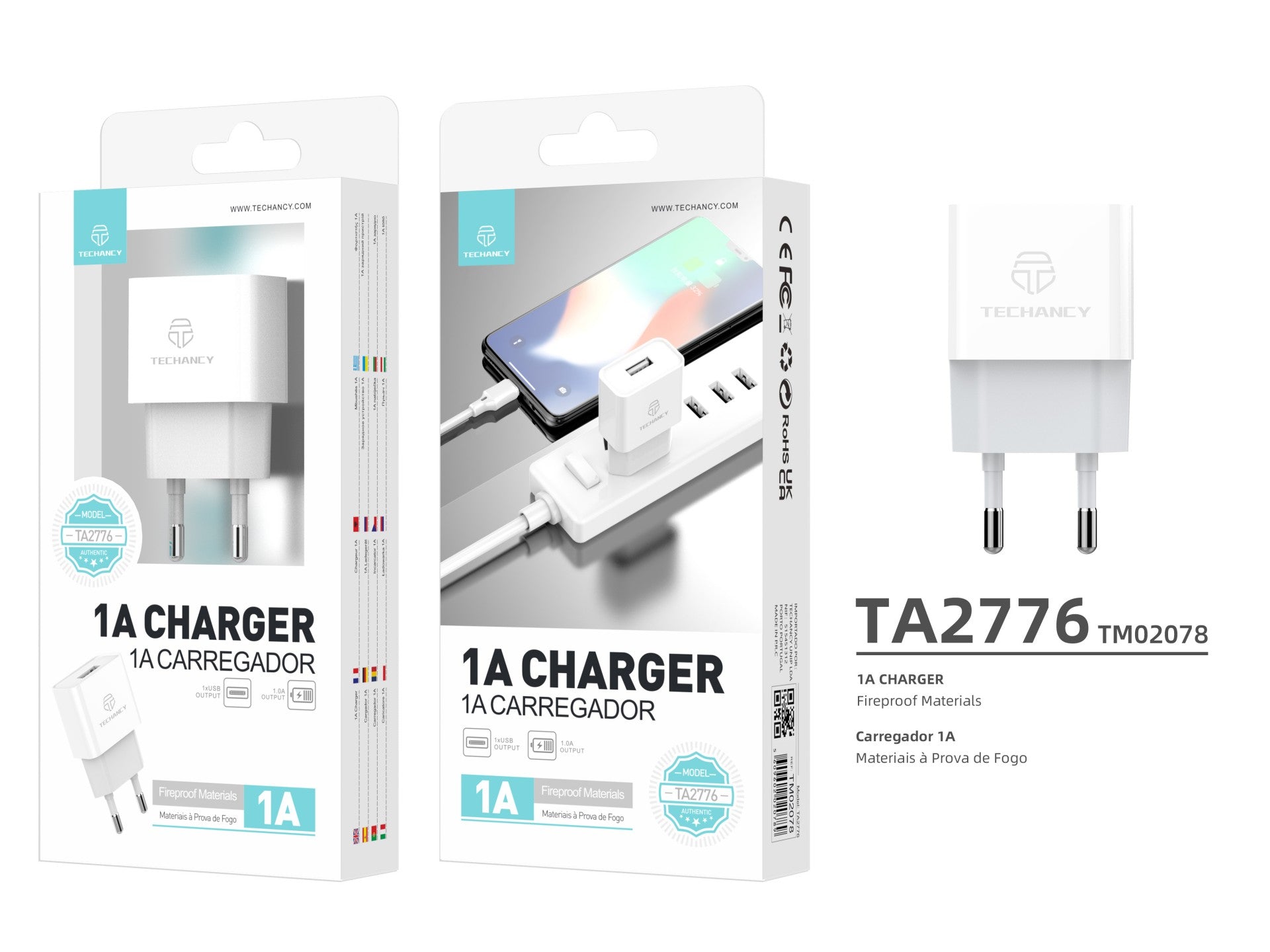 Techancy Carregador De Telemóvel Usb Branco TA2776, Saída De Carregamento Estável 5v-1a, Compatível Com Vários Dispositivos