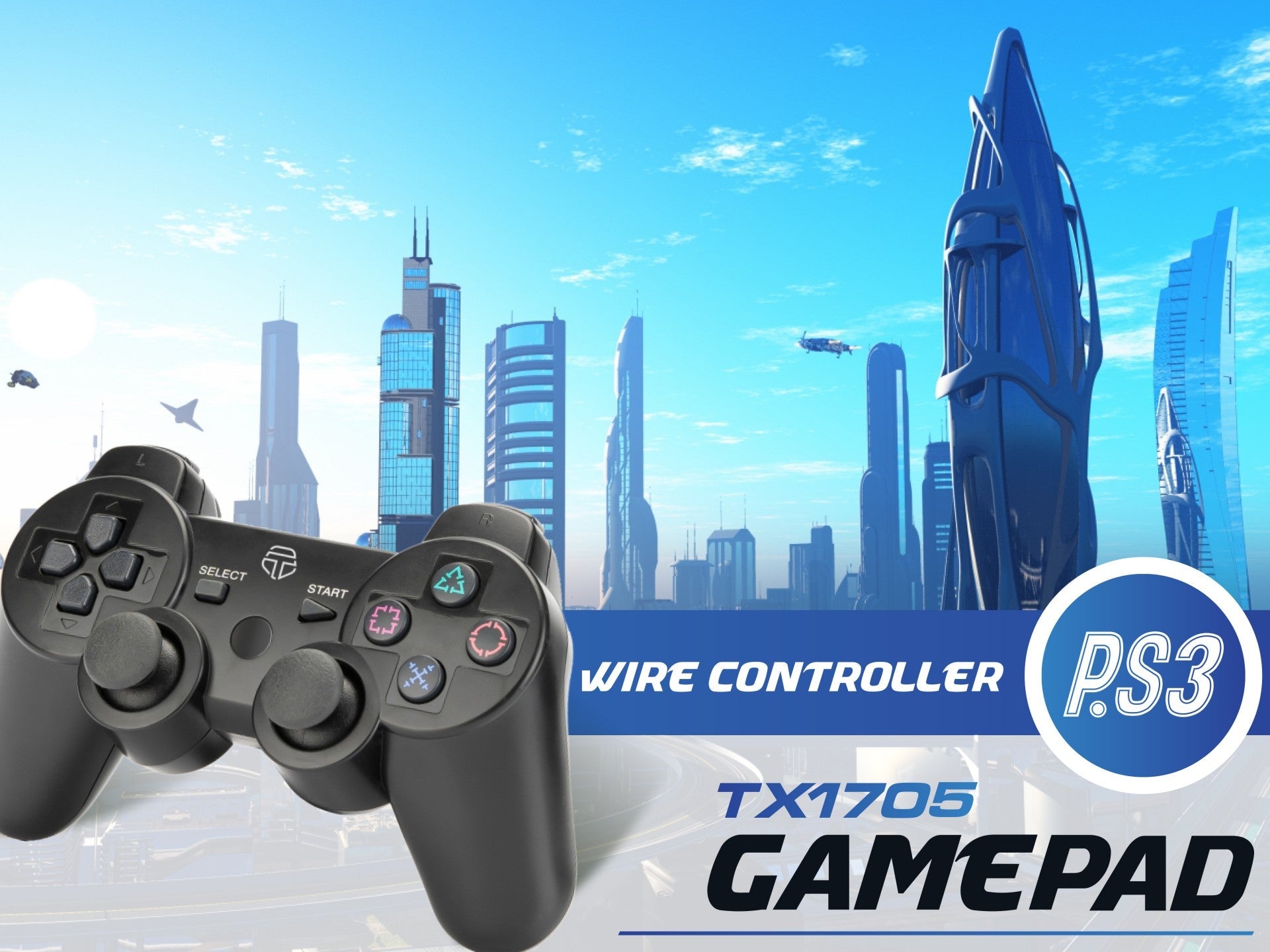 Controlador de jogos com fio USB Techancy para PS3 + PC, TX1705, com joystick duplo com feedback vibratório, preto