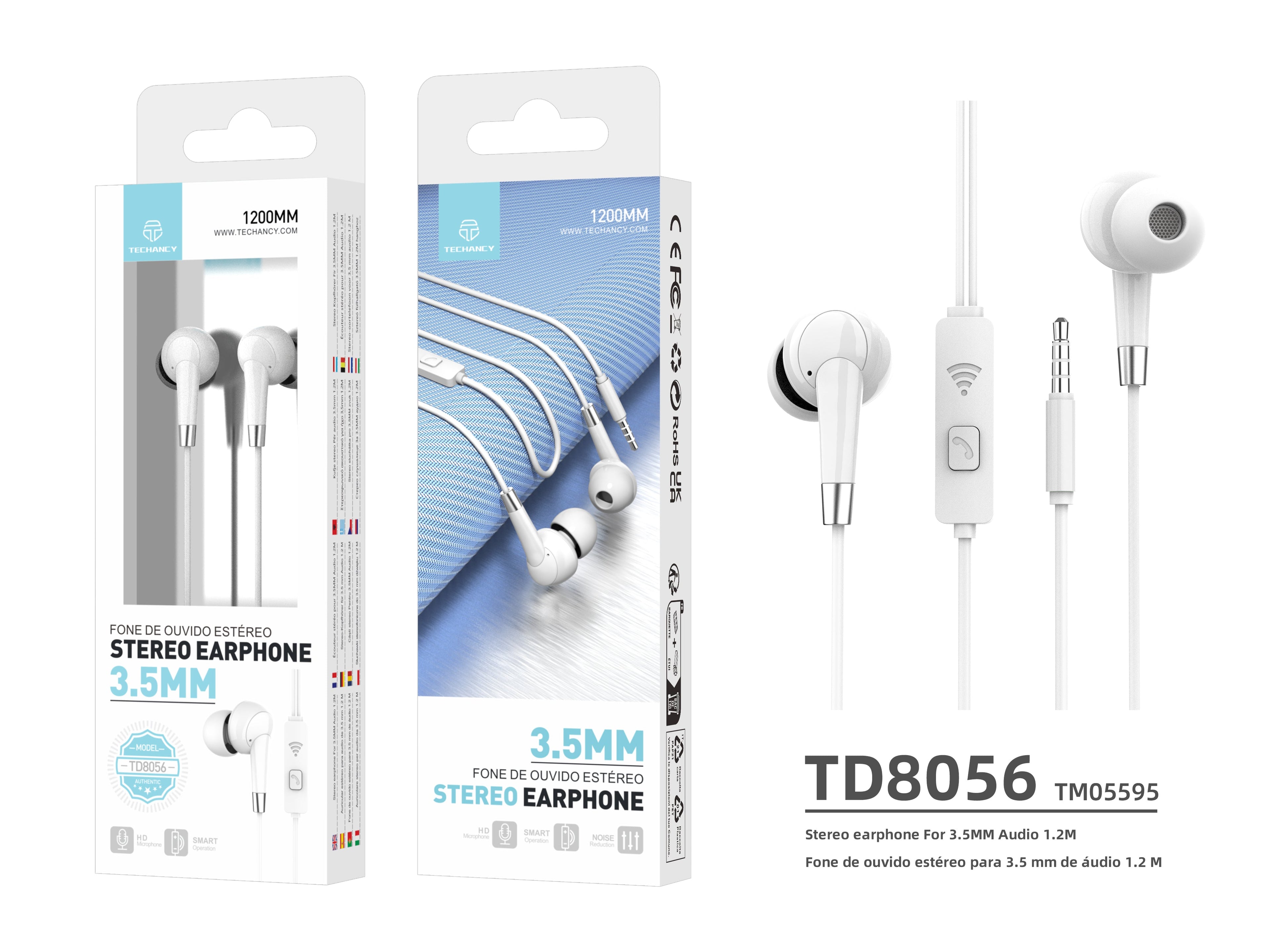 Techancy Auscultadores Intra-Auriculares Com Fios Brancos 1,2 M TD8056, Tomada De 3,5 Mm Compatível Com Telemóveis/Pc/Mp3, Etc.