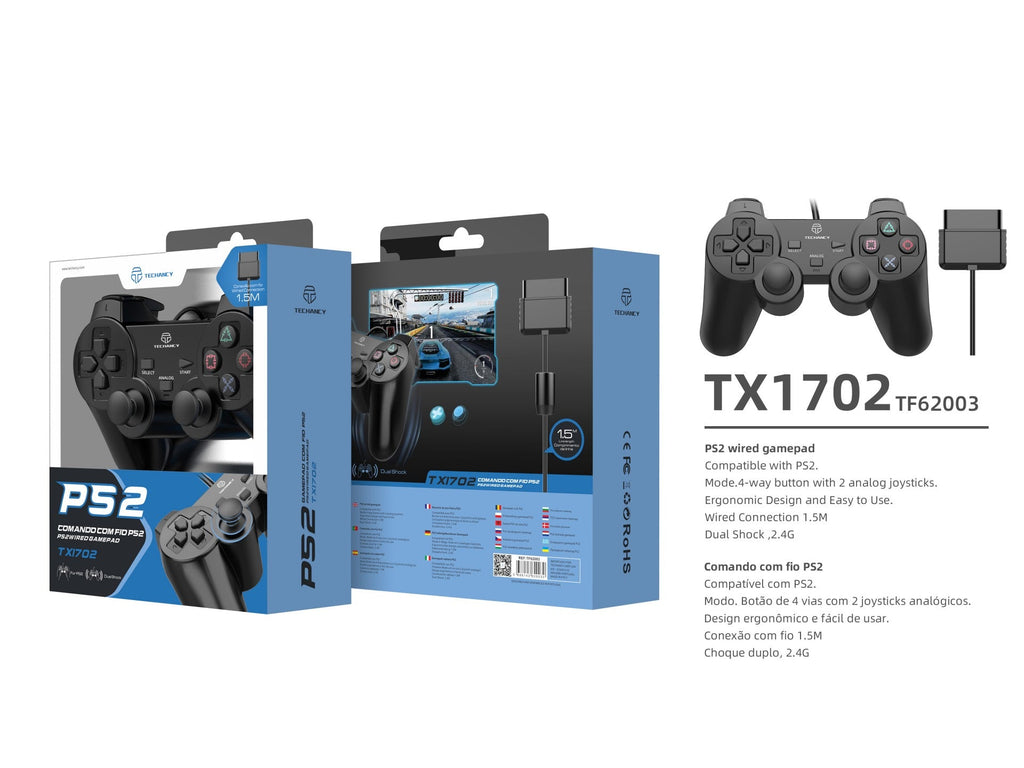 Controlador de jogos com fio USB Techancy PS2, TX1702, com joystick duplo com feedback vibratório, preto