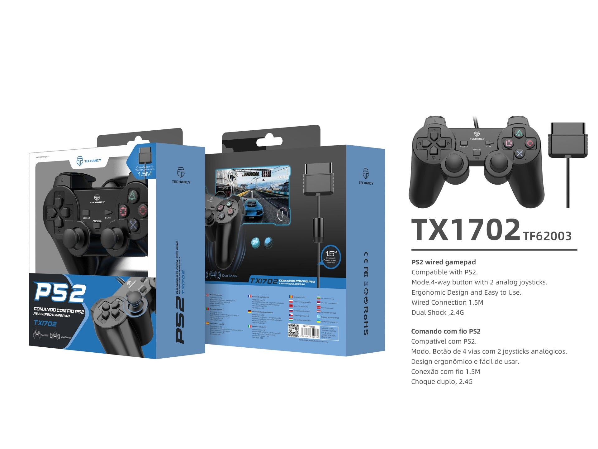 Controlador de jogos com fio USB Techancy PS2, TX1702, com joystick duplo com feedback vibratório, preto