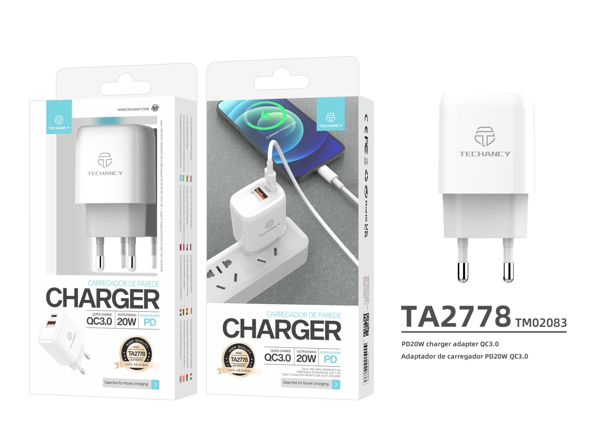 Techancy Carregador Branco De 20 W  TA2801, Suporta Pd E Qc3.0, Carregamento Rápido Pd, Compatível Com Telemóveis, Tablets