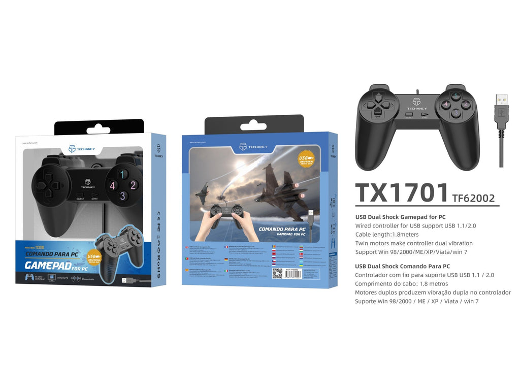 Controlador de jogos com fio para PC Techancy, TX1701, com feedback vibratório, preto