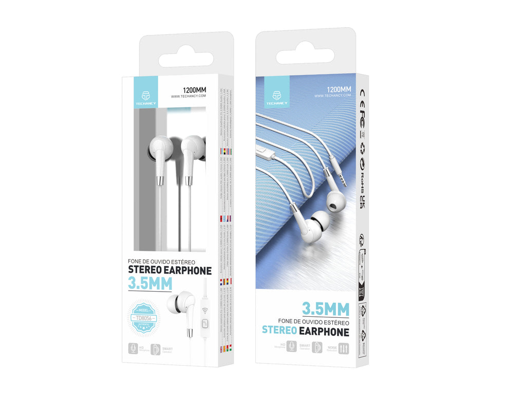 Techancy Auscultadores Intra-Auriculares Com Fios Brancos 1,2 M TD8056, Tomada De 3,5 Mm Compatível Com Telemóveis/Pc/Mp3, Etc.