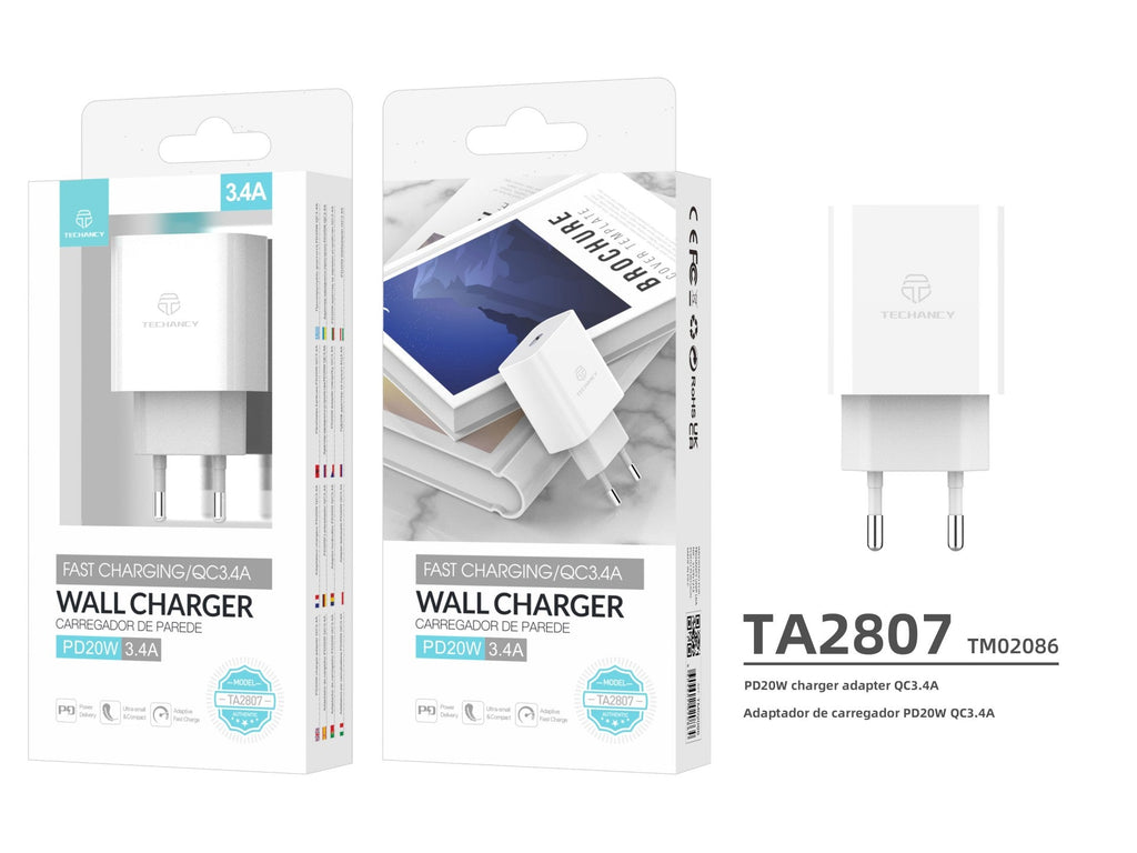 Techancy Carregador De Parede Pd Branco TA2807, Carregamento Rápido 3.4A Pd20W, Alimentação Inteligente Para Telemóvel