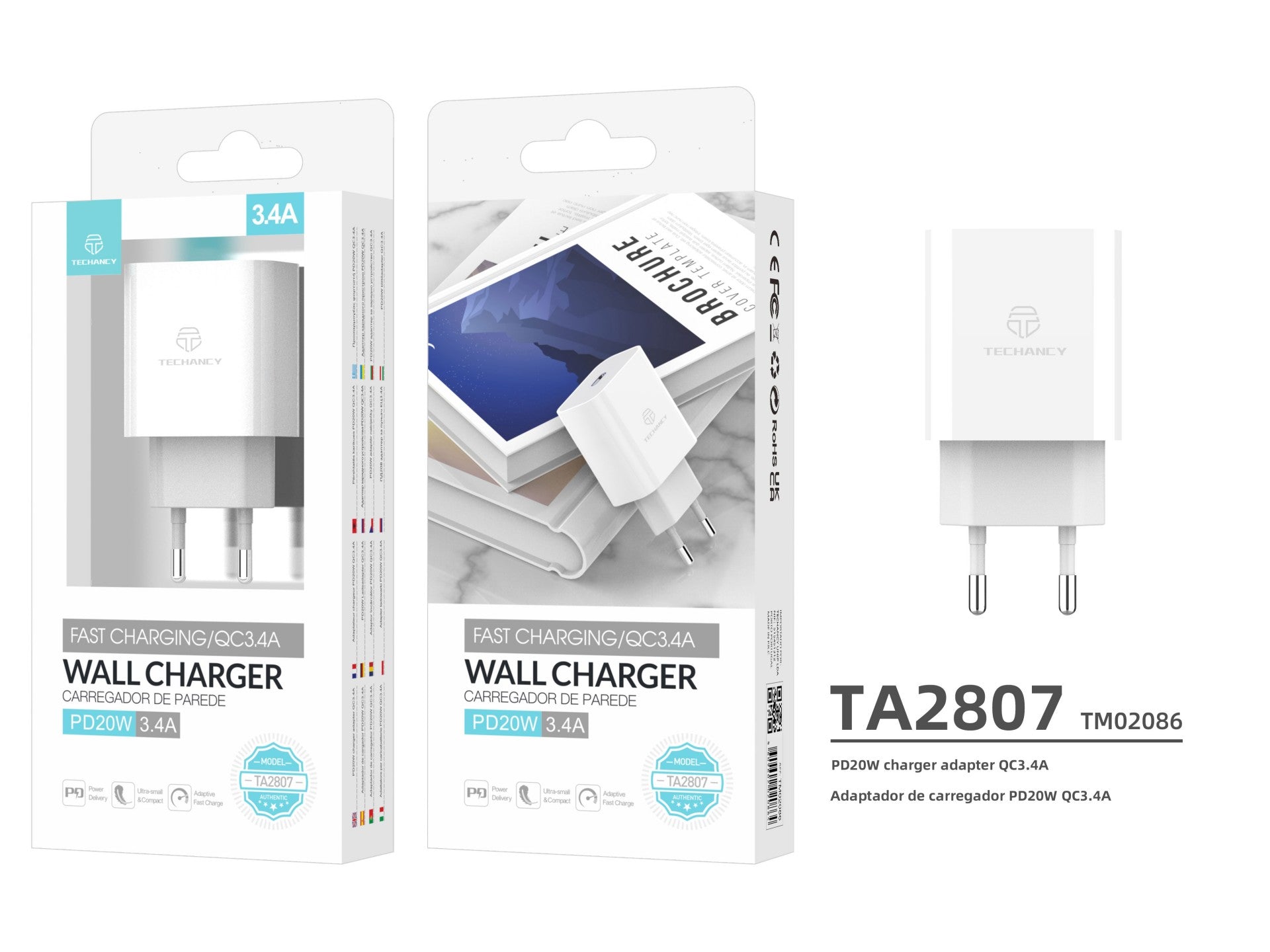 Techancy Carregador De Parede Pd Branco TA2807, Carregamento Rápido 3.4A Pd20W, Alimentação Inteligente Para Telemóvel