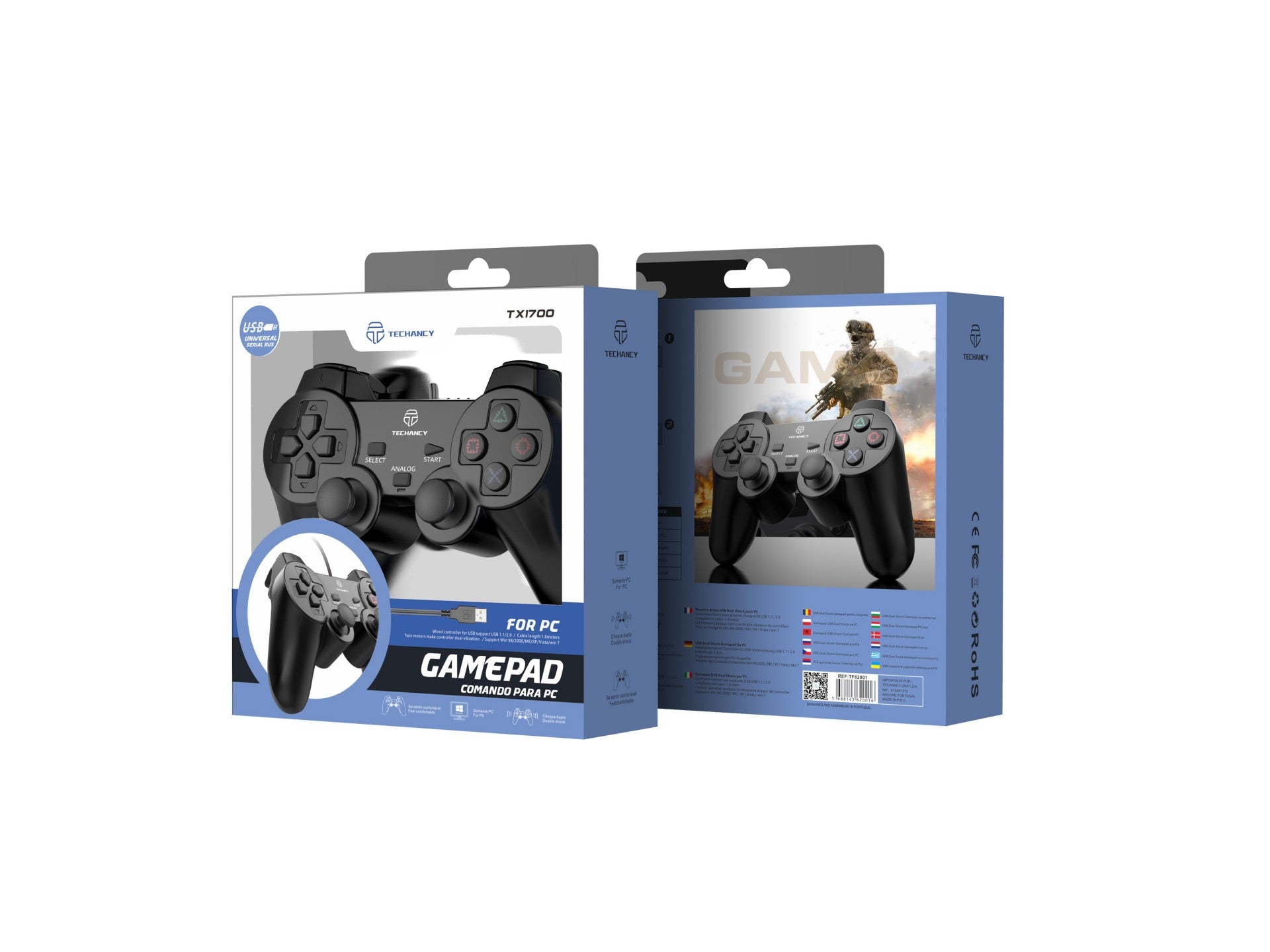 Controlador de jogos com fio para PC Techancy, TX1700, com feedback vibratório e joystick duplo, preto
