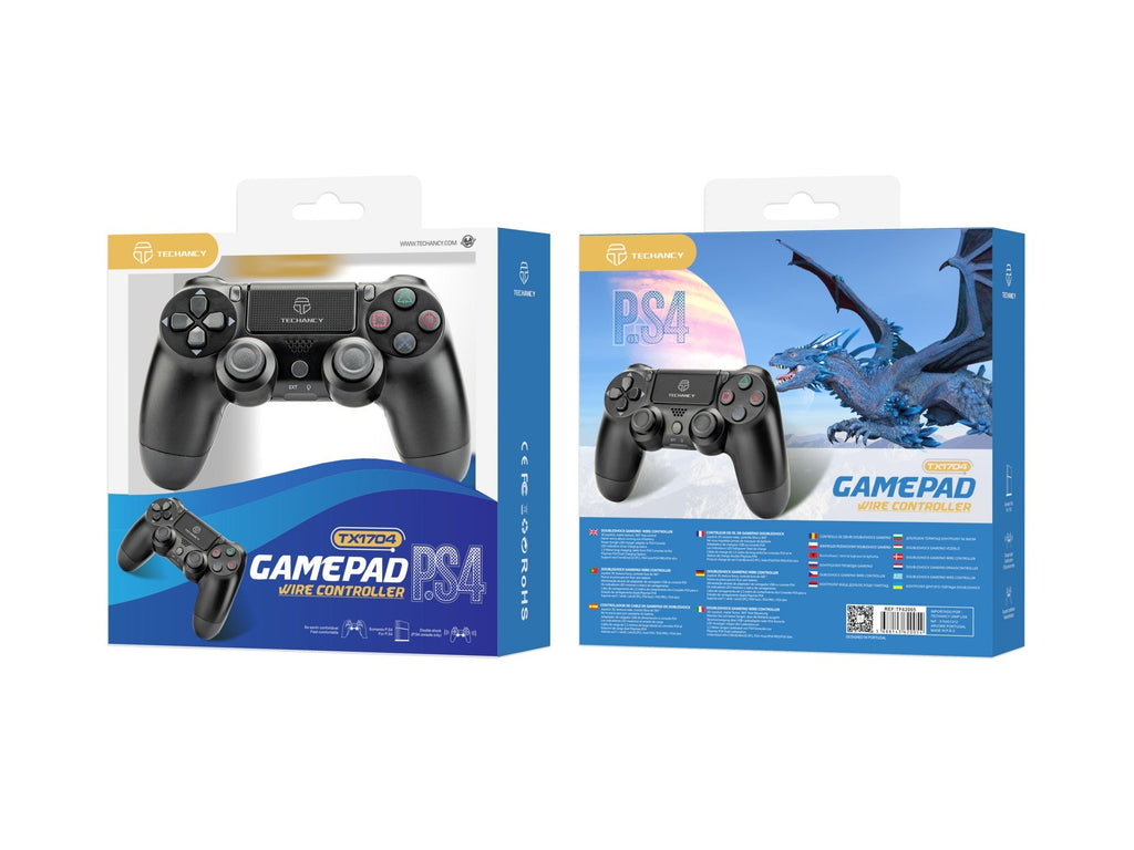 Controlador de jogos com fio USB Techancy para PS4 + PC, TX1704, com joystick duplo com feedback vibratório, preto