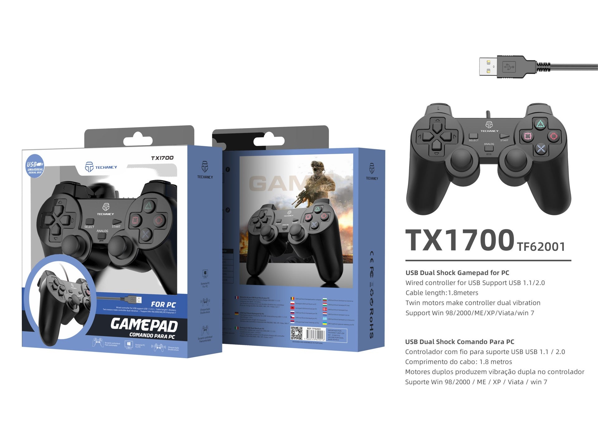 Controlador de jogos com fio para PC Techancy, TX1700, com feedback vibratório e joystick duplo, preto