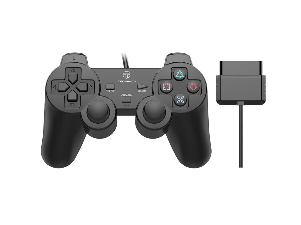 Controlador de jogos com fio USB Techancy PS2, TX1702, com joystick duplo com feedback vibratório, preto