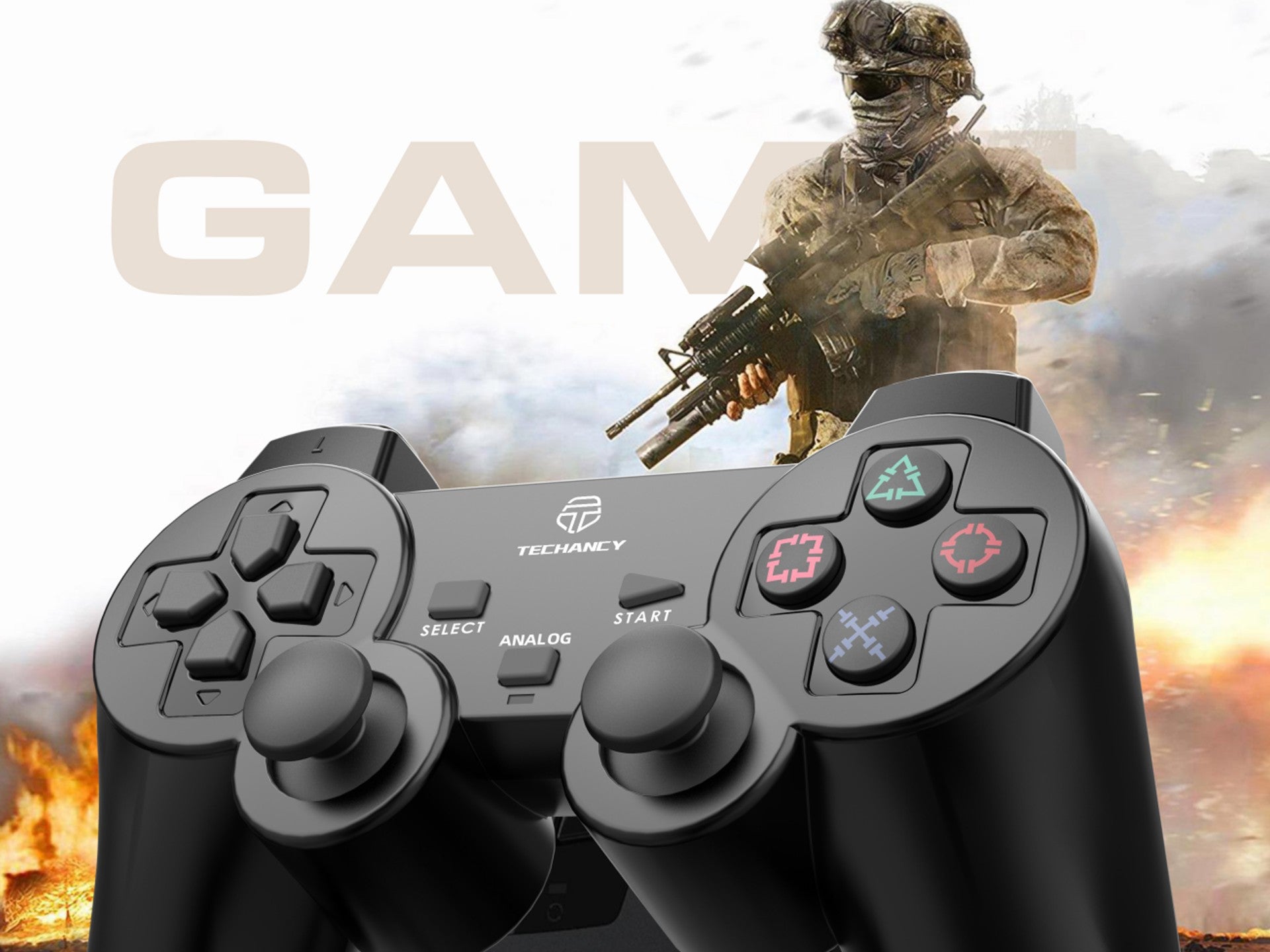 Controlador de jogos com fio para PC Techancy, TX1700, com feedback vibratório e joystick duplo, preto