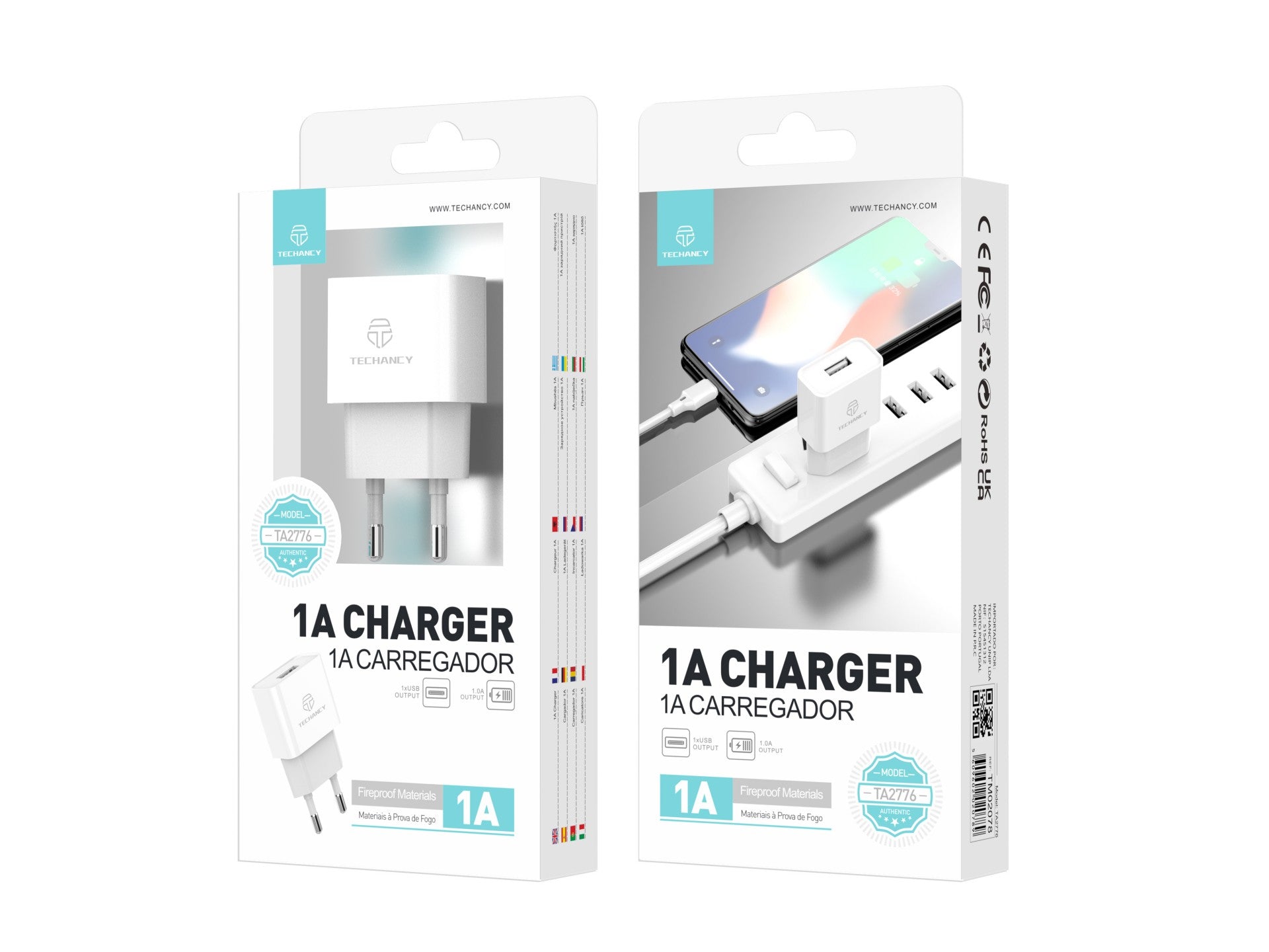 Techancy Carregador De Telemóvel Usb Branco TA2776, Saída De Carregamento Estável 5v-1a, Compatível Com Vários Dispositivos