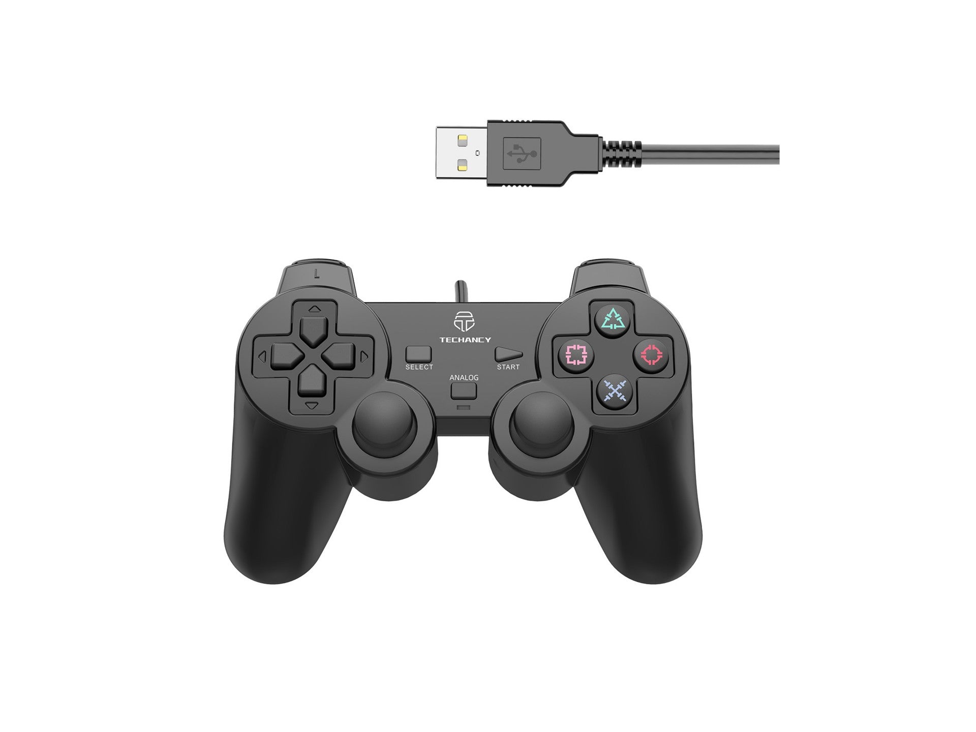 Controlador de jogos com fio para PC Techancy, TX1700, com feedback vibratório e joystick duplo, preto