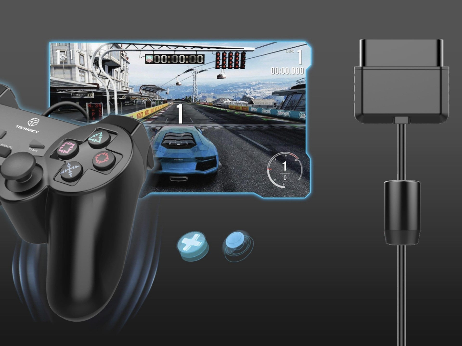 Controlador de jogos com fio USB Techancy PS2, TX1702, com joystick duplo com feedback vibratório, preto