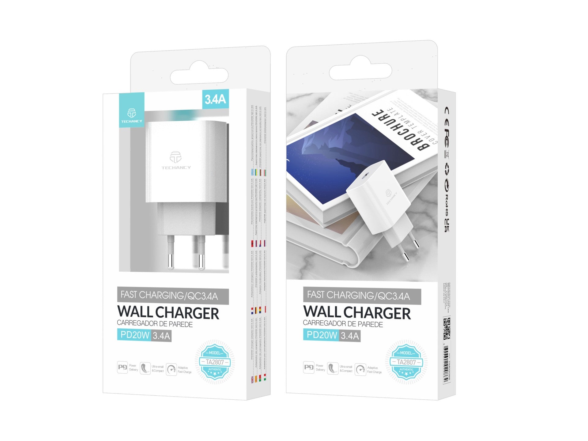Techancy Carregador De Parede Pd Branco TA2807, Carregamento Rápido 3.4A Pd20W, Alimentação Inteligente Para Telemóvel
