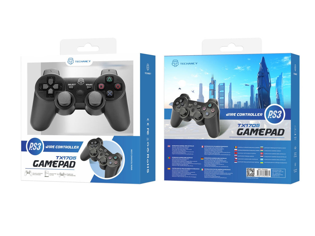 Controlador de jogos com fio USB Techancy para PS3 + PC, TX1705, com joystick duplo com feedback vibratório, preto