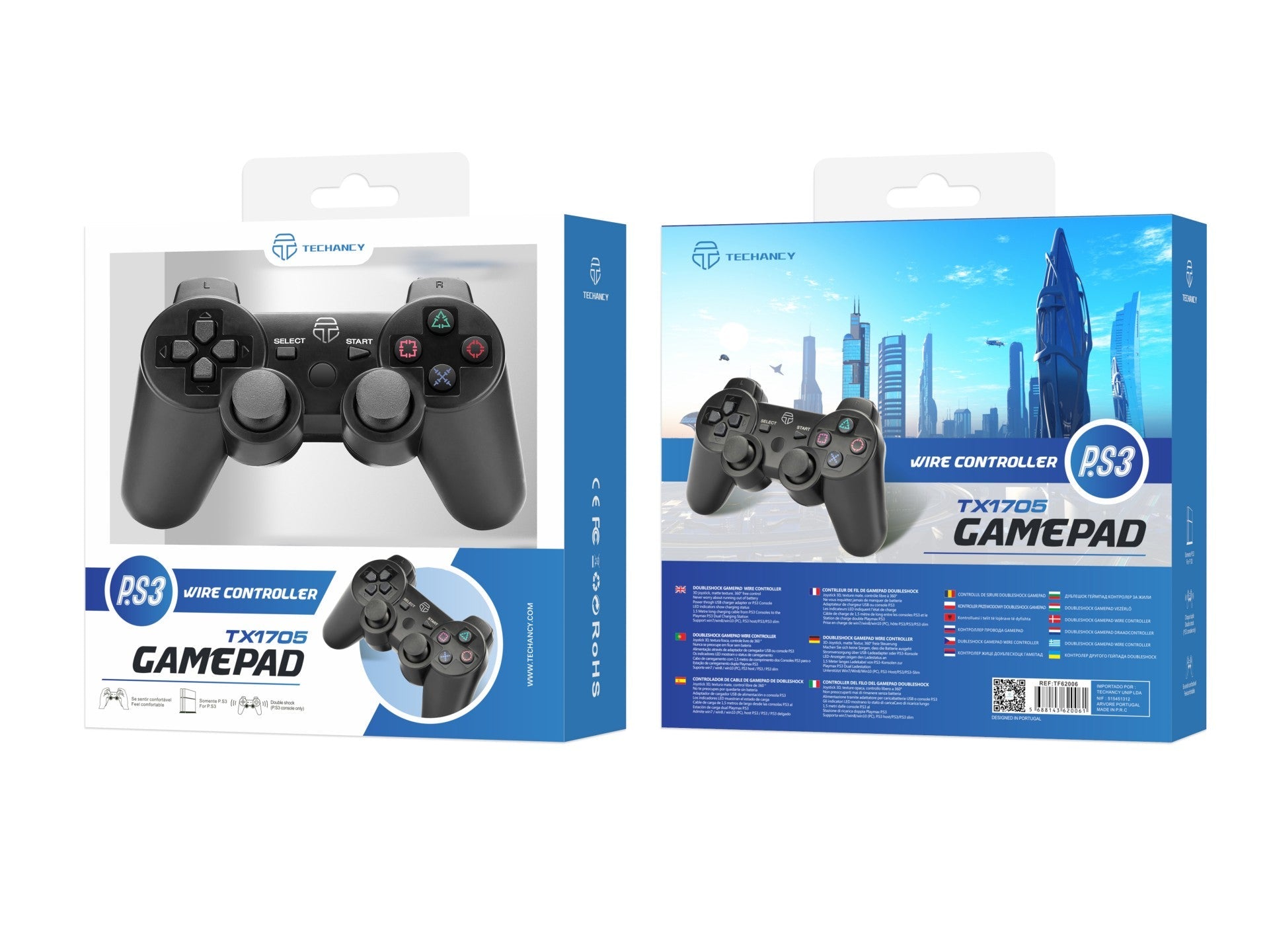 Controlador de jogos com fio USB Techancy para PS3 + PC, TX1705, com joystick duplo com feedback vibratório, preto