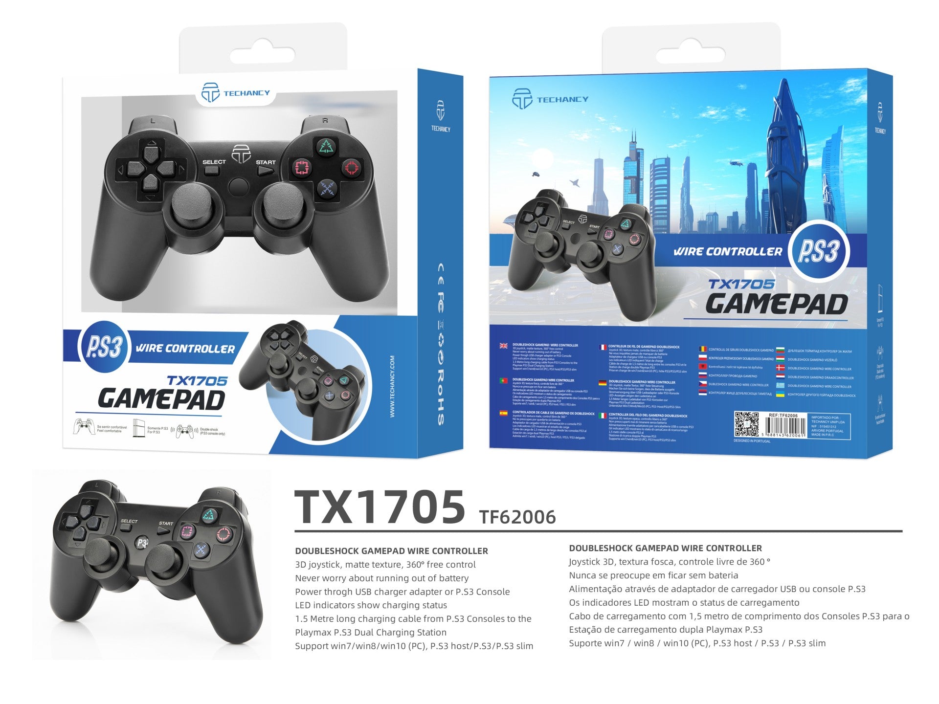 Controlador de jogos com fio USB Techancy para PS3 + PC, TX1705, com joystick duplo com feedback vibratório, preto