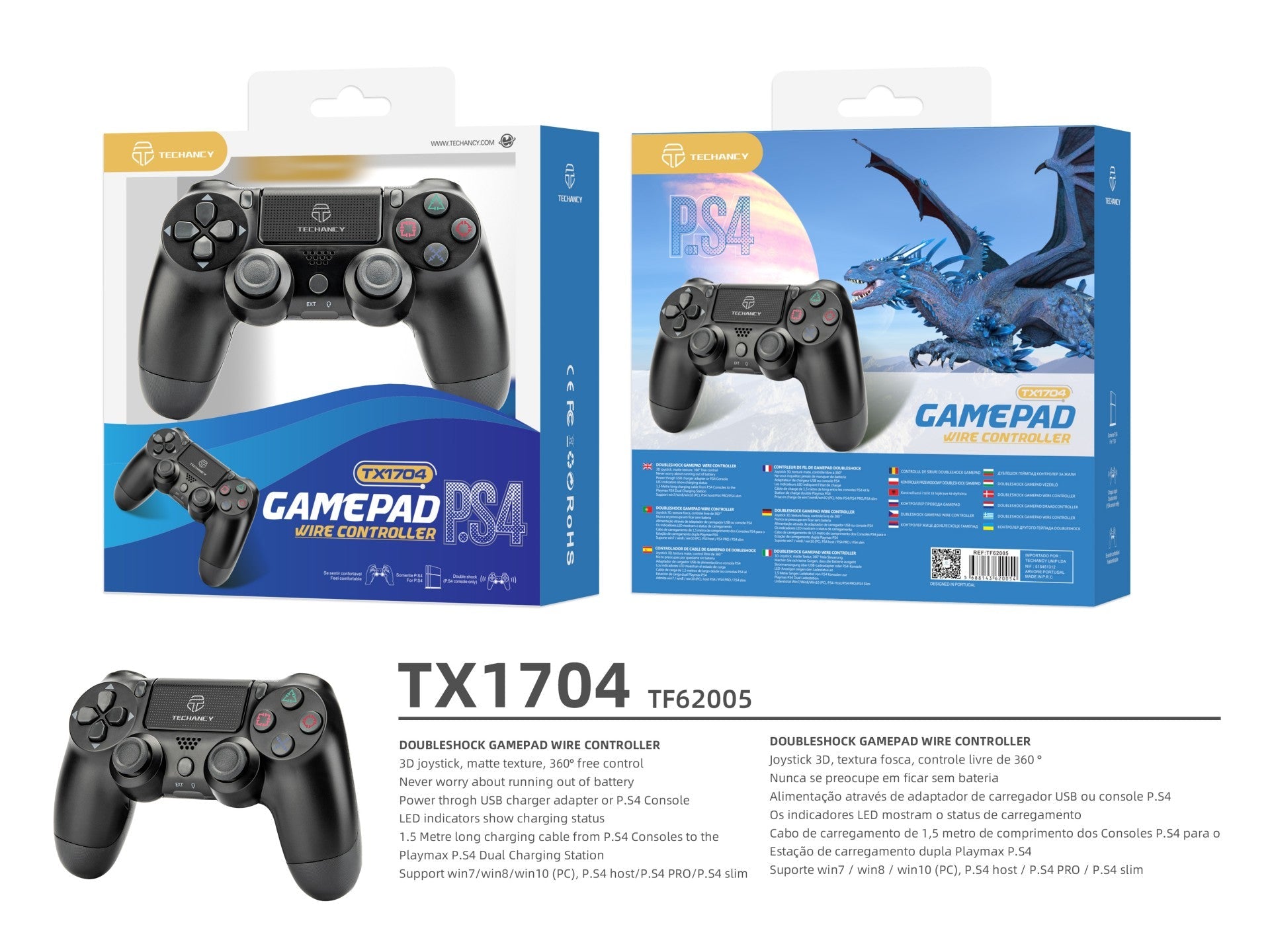 Controlador de jogos com fio USB Techancy para PS4 + PC, TX1704, com joystick duplo com feedback vibratório, preto