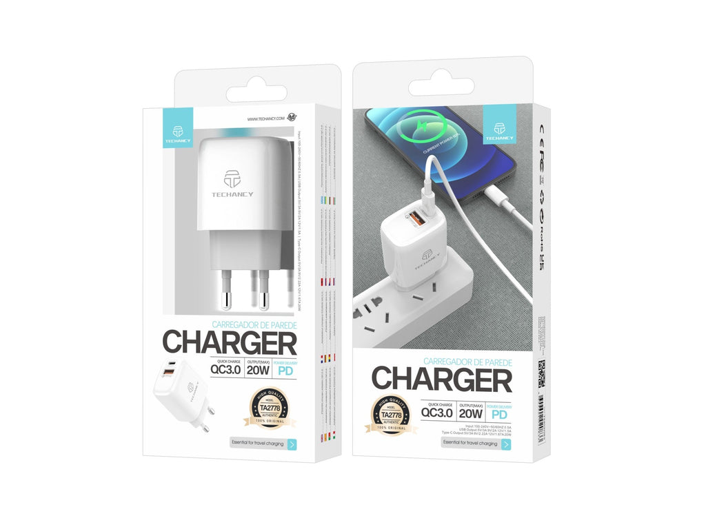 Techancy Carregador Branco De 20 W  TA2801, Suporta Pd E Qc3.0, Carregamento Rápido Pd, Compatível Com Telemóveis, Tablets