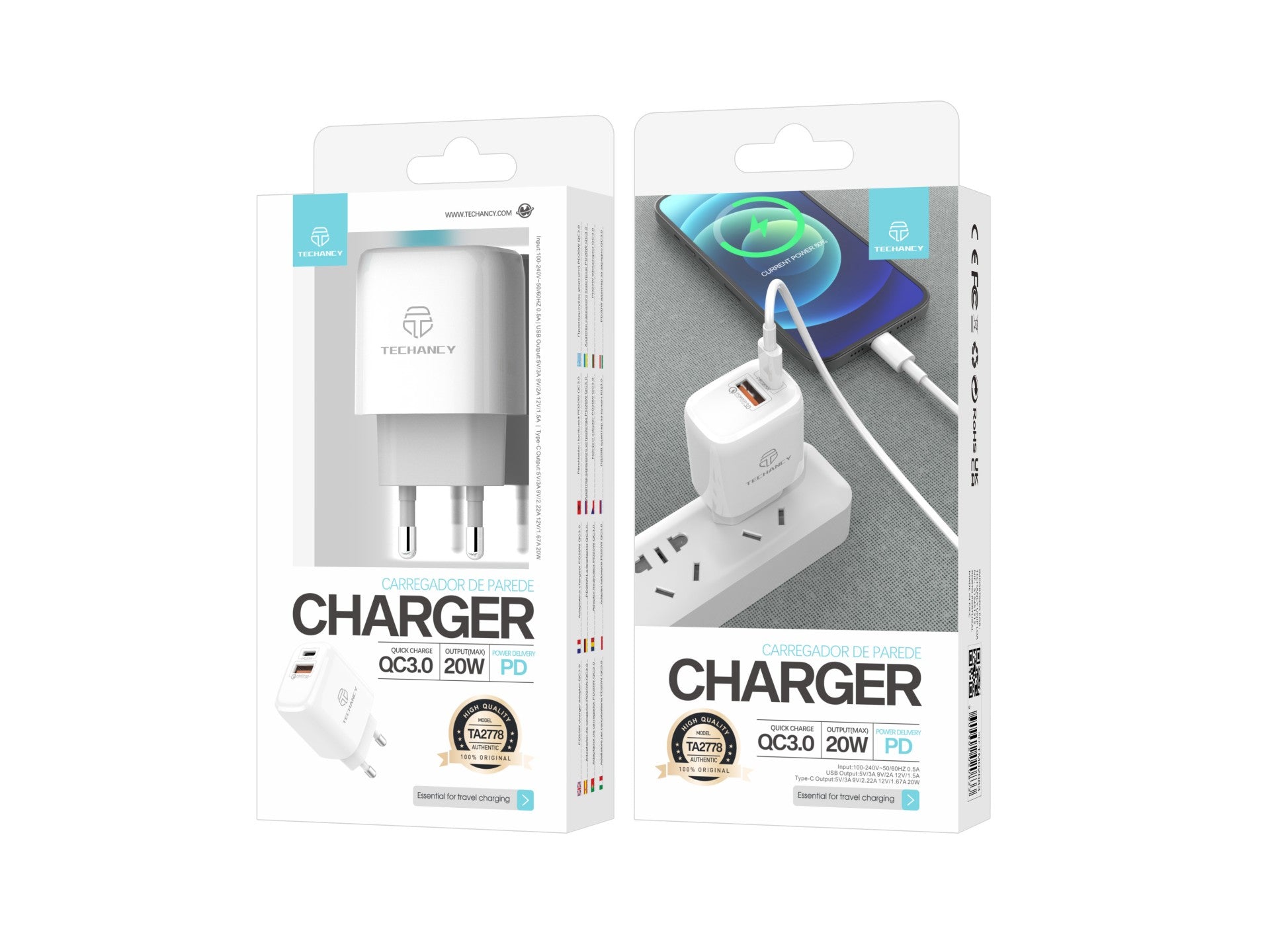 Techancy Carregador Branco De 20 W  TA2801, Suporta Pd E Qc3.0, Carregamento Rápido Pd, Compatível Com Telemóveis, Tablets
