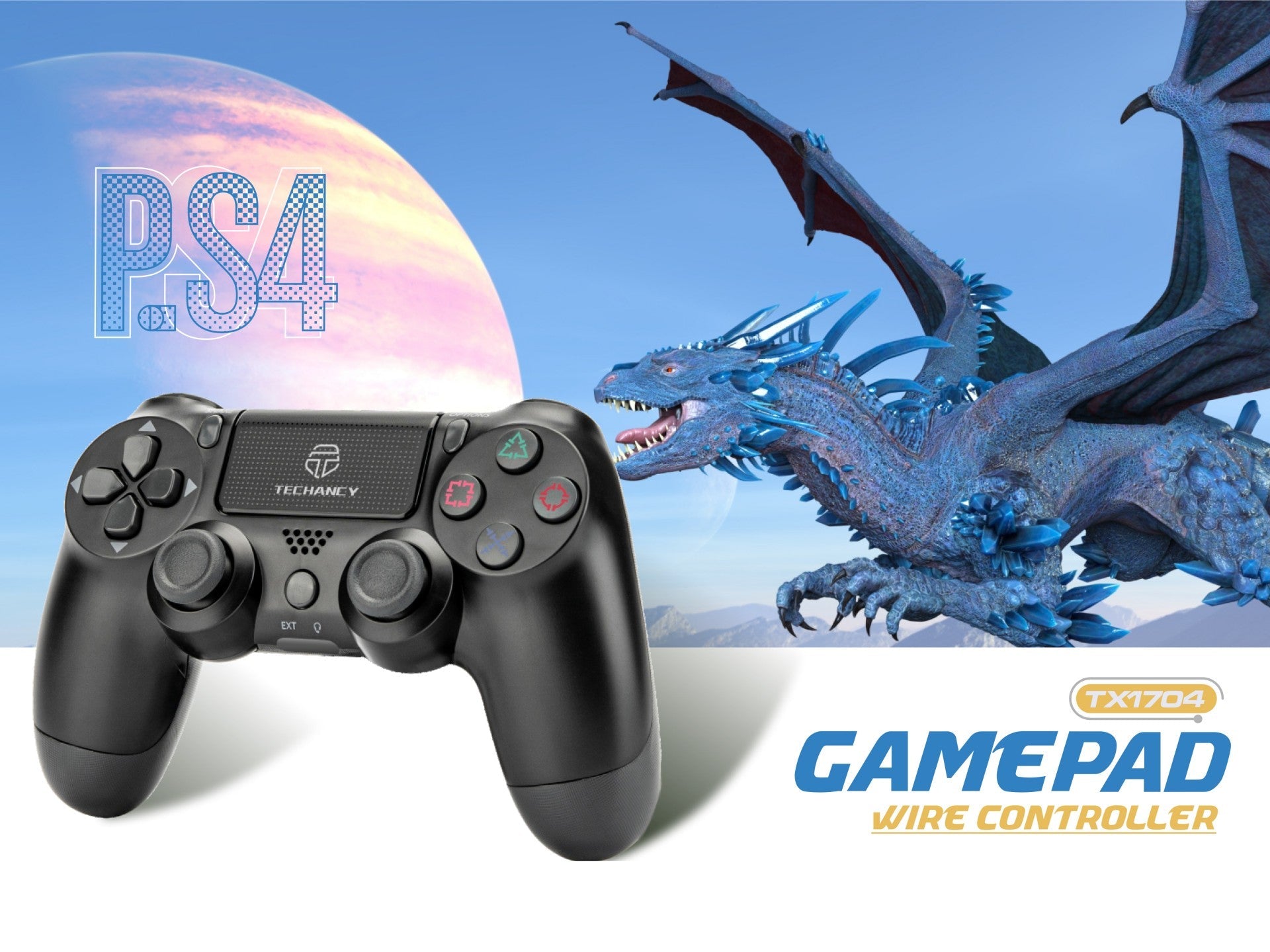 Controlador de jogos com fio USB Techancy para PS4 + PC, TX1704, com joystick duplo com feedback vibratório, preto